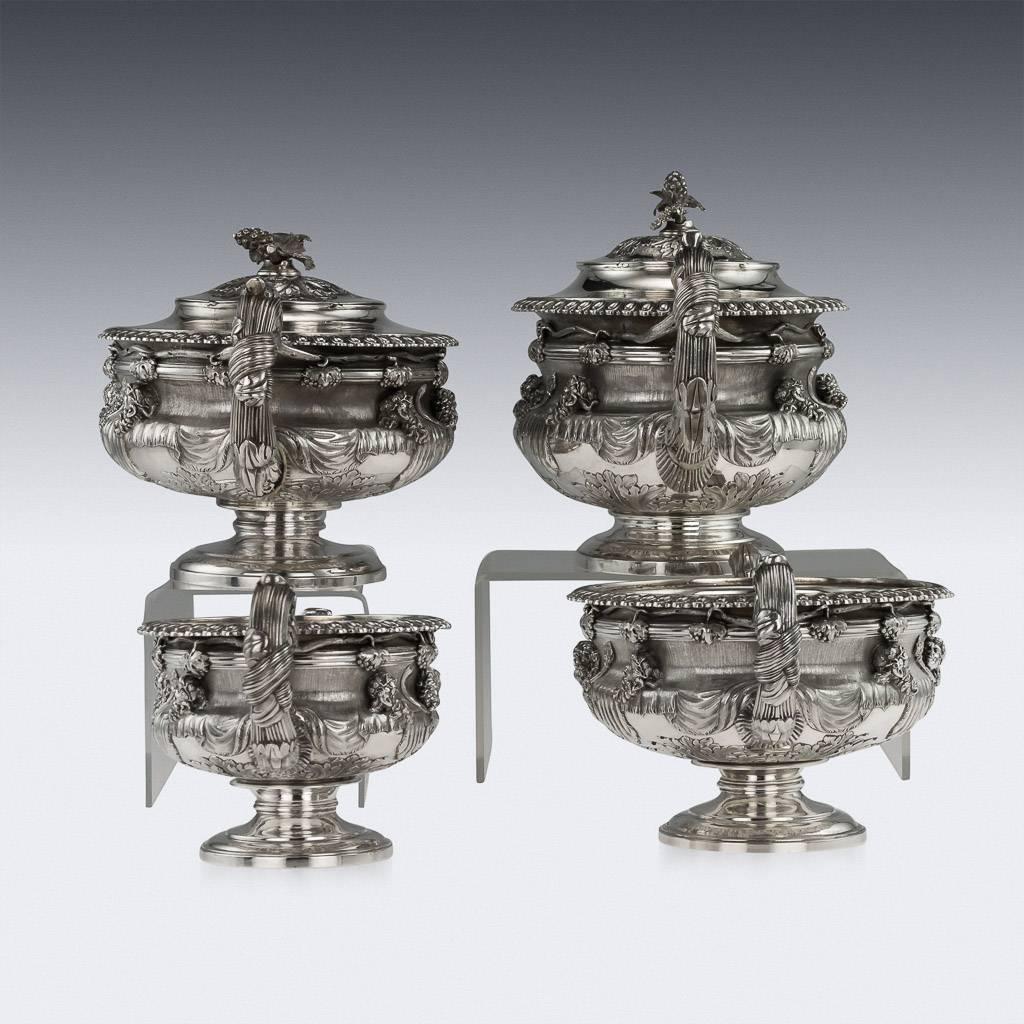 Antique 19th century Georgian exceptionally rare solid silver warwick tea and coffee service, of typical form on round bases, with pedestal stem and acanthus at base of bowl, the sides applied with classical heads and lions pelts, with entwining