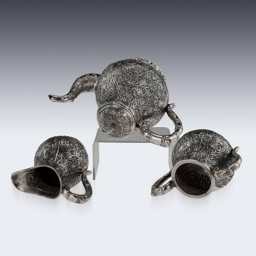 19th Century Chinese Export Solid Silver Tea Set, Hoaching, Canton, circa 1860 In Excellent Condition In Royal Tunbridge Wells, Kent
