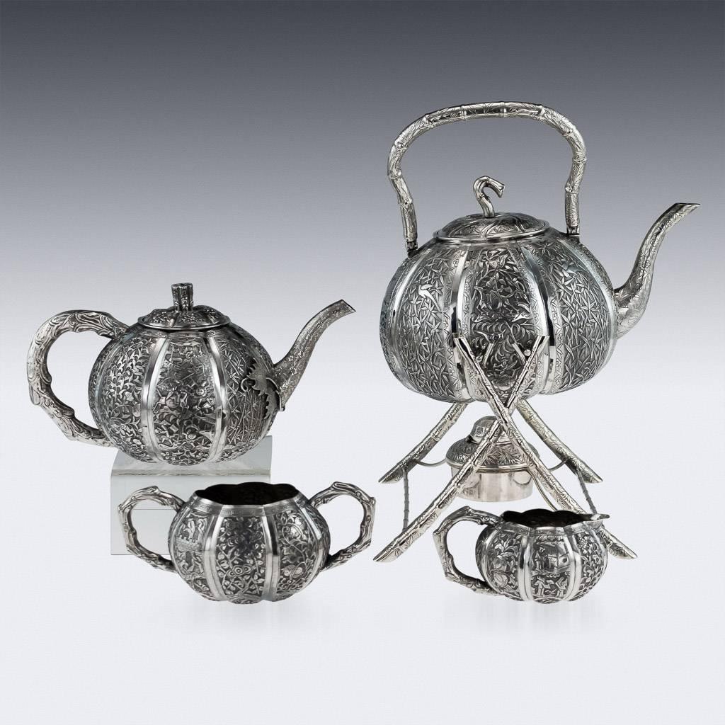 Chinese Export Antique 19th Century Chinese Solid Silver Tea Set, Luen Wo, Shanghai, circa 1880