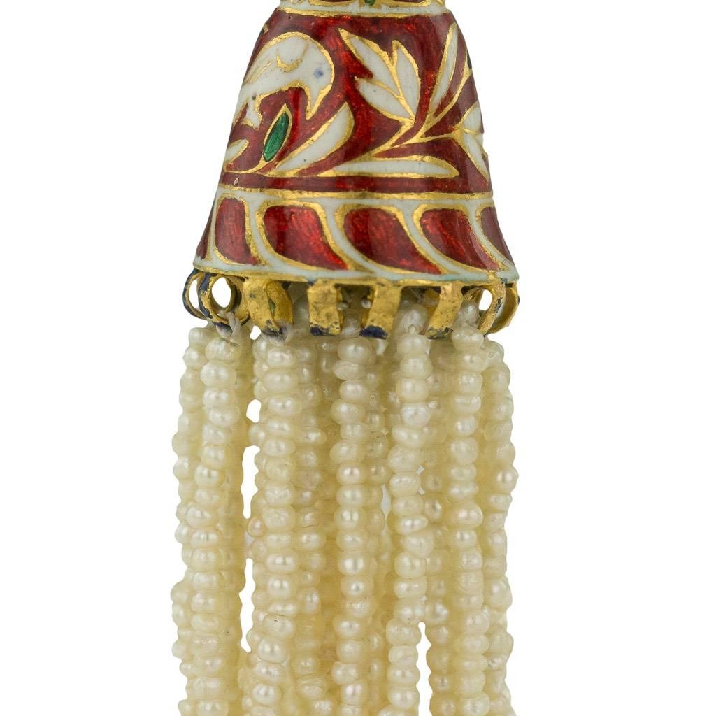 20th Century Antique Indian Enamelled 18-Karat Gold and Pearl Earrings, Jaipur, circa 1900