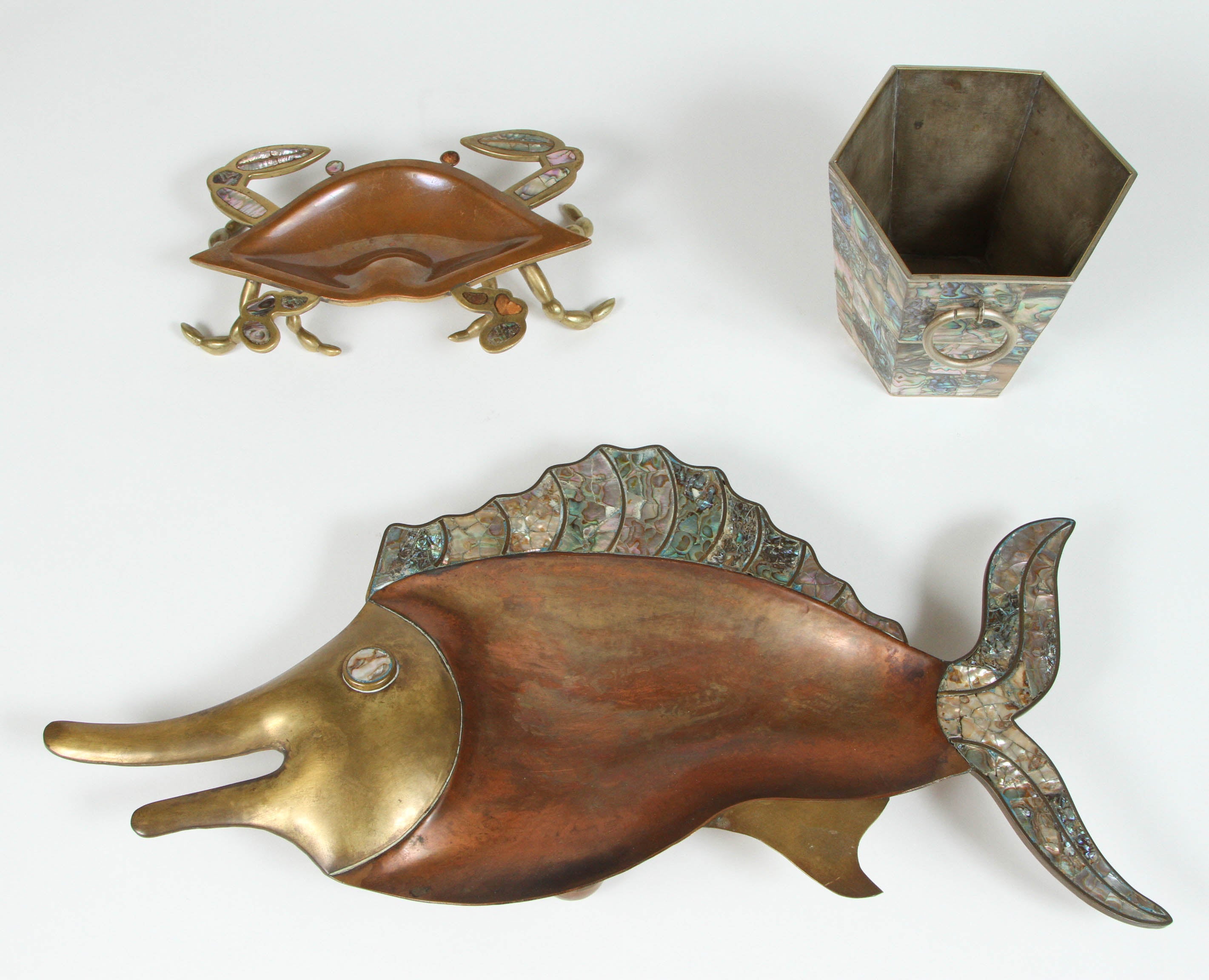 Brass and Abalone set of Fish and Crab Dishes For Sale