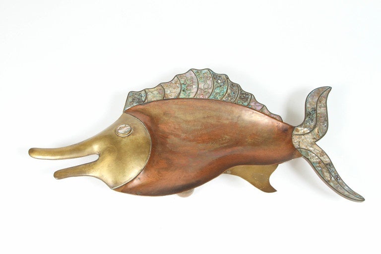 Mid-20th Century Brass and Abalone set of Fish and Crab Dishes For Sale