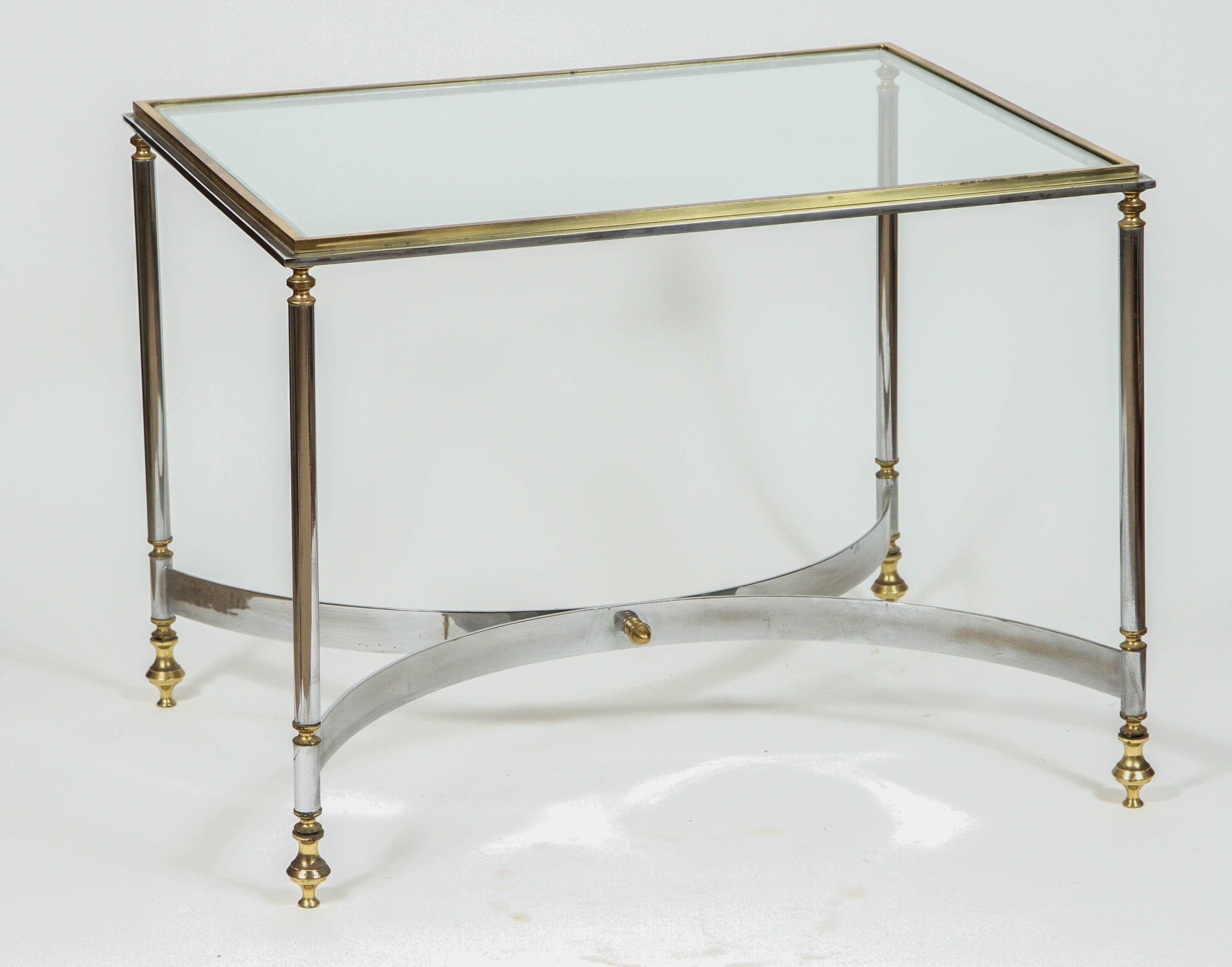 Brass and Chrome Coffee Table with Stretcher Base For Sale