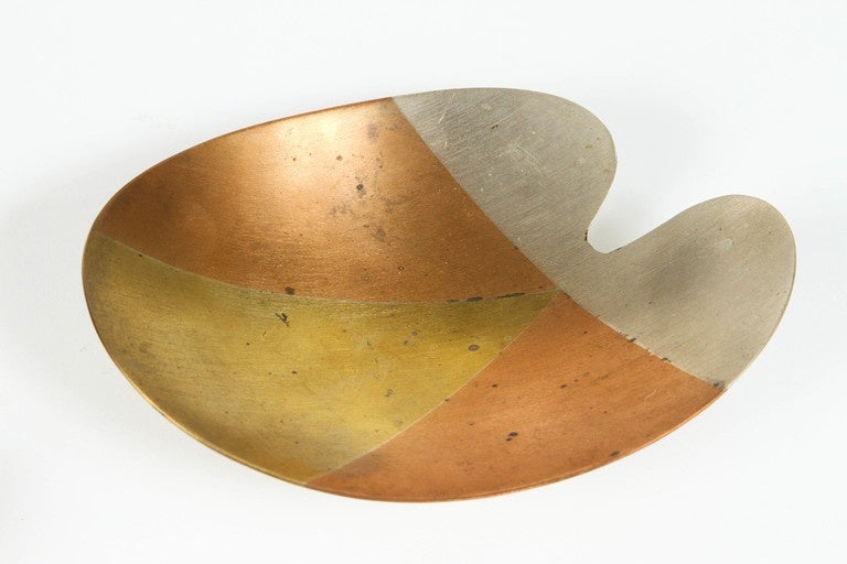 Collection of Mixed Metal Inlay Box and Pair of Dishes, Taxco