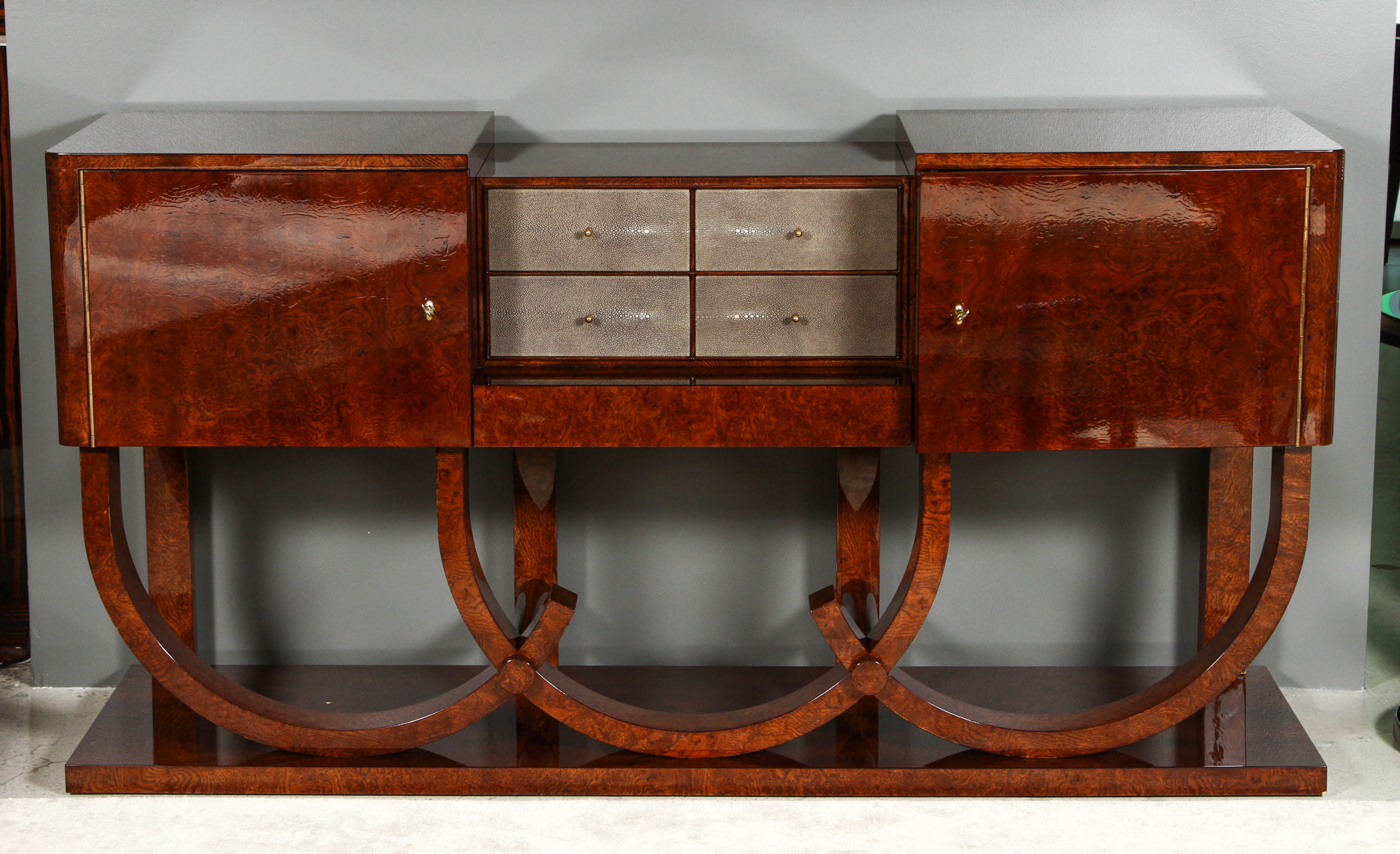 Art Deco Style Console or Sideboard in Burl Walnut and Shagreen For Sale