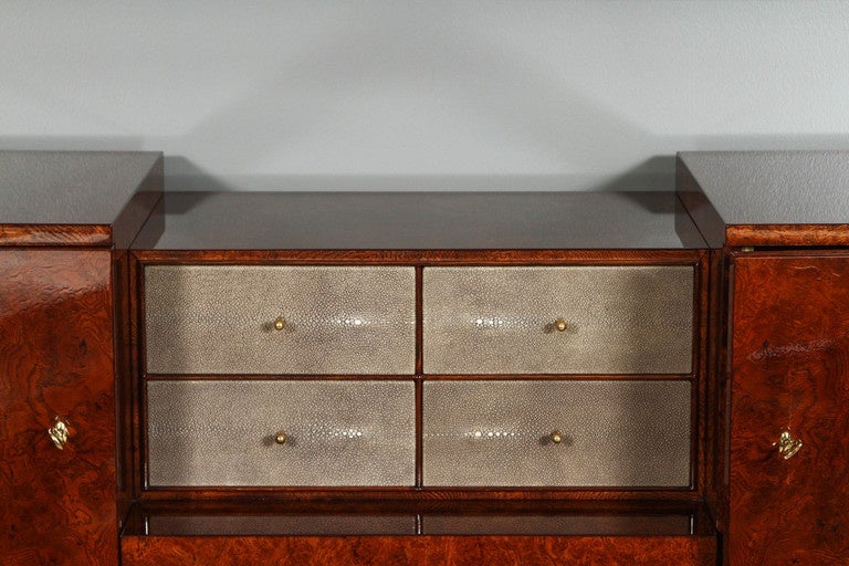 Lacquered Art Deco Style Console or Sideboard in Burl Walnut and Shagreen For Sale