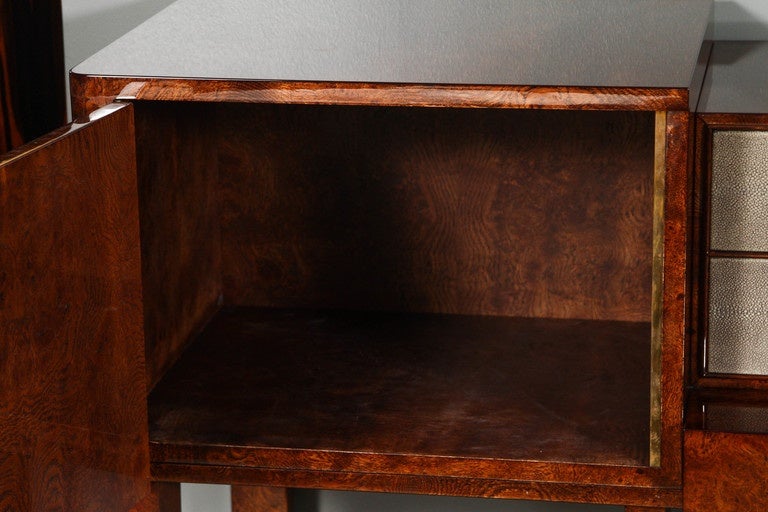 Brass Art Deco Style Console or Sideboard in Burl Walnut and Shagreen For Sale