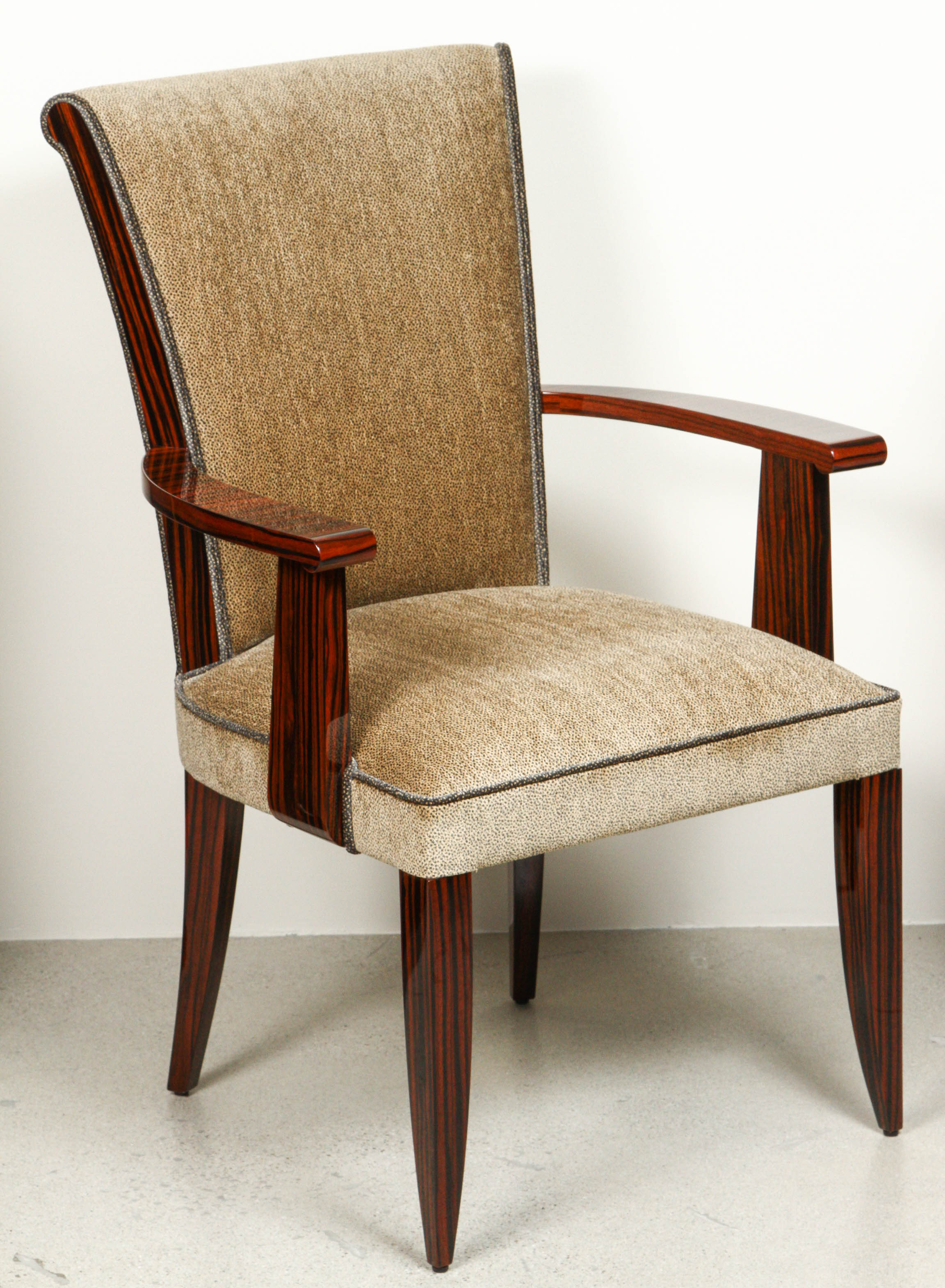 Art Deco Style High Back Dining Chair with Arms in Macassar For Sale