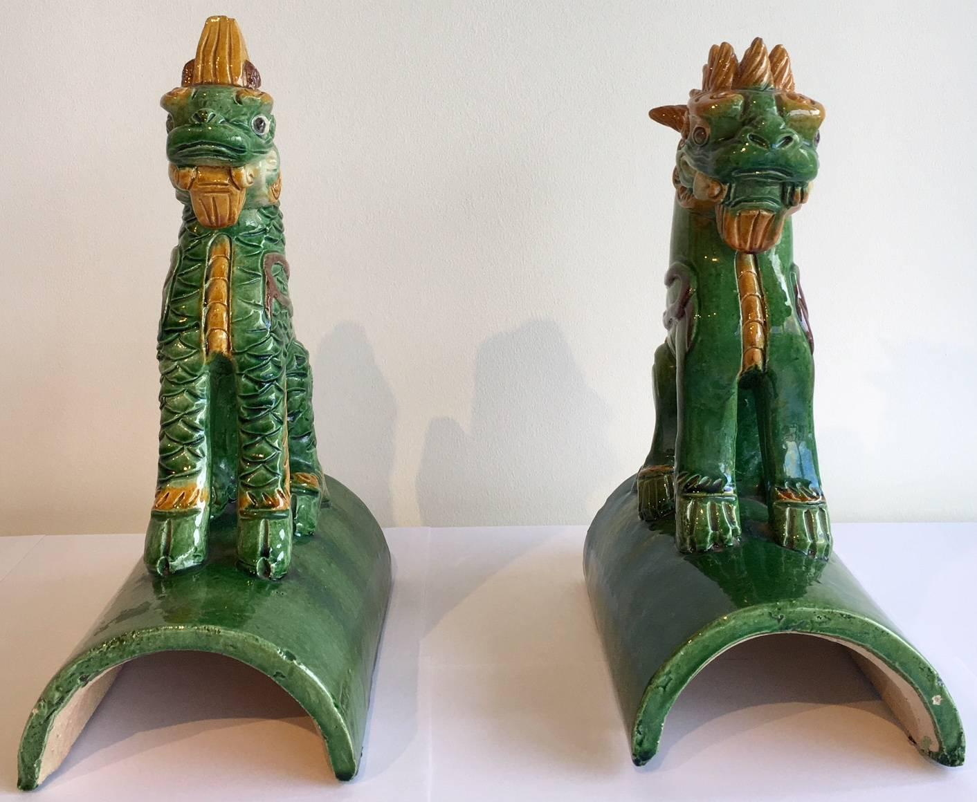 Pair of Antique Chinese Foo Dog Roof Tiles In Excellent Condition In Dallas, TX
