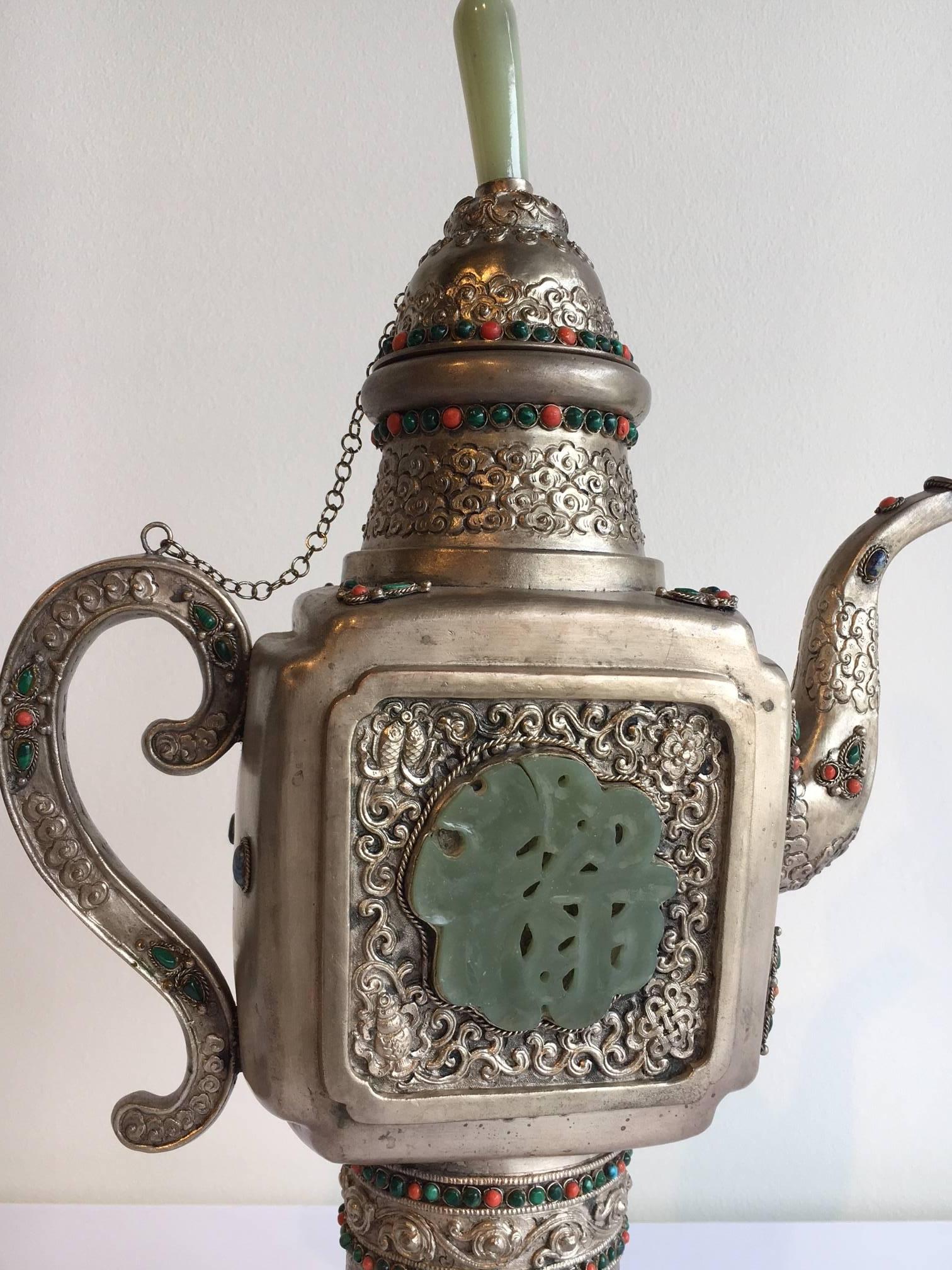 Mongolian Silver Teapot with Semi Precious Stones and Jade Finial For Sale