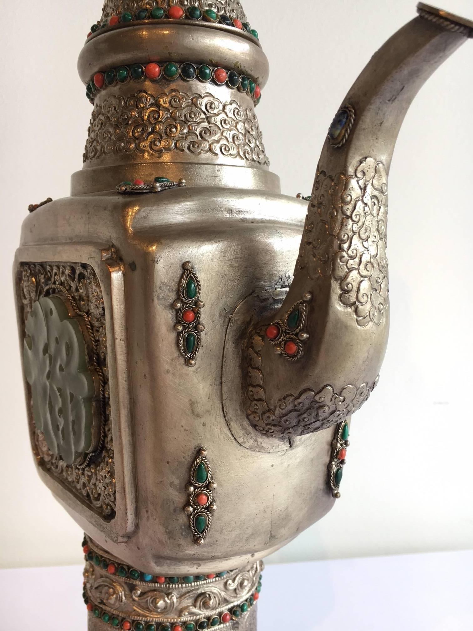 Silver Teapot with Semi Precious Stones and Jade Finial In Excellent Condition For Sale In Dallas, TX