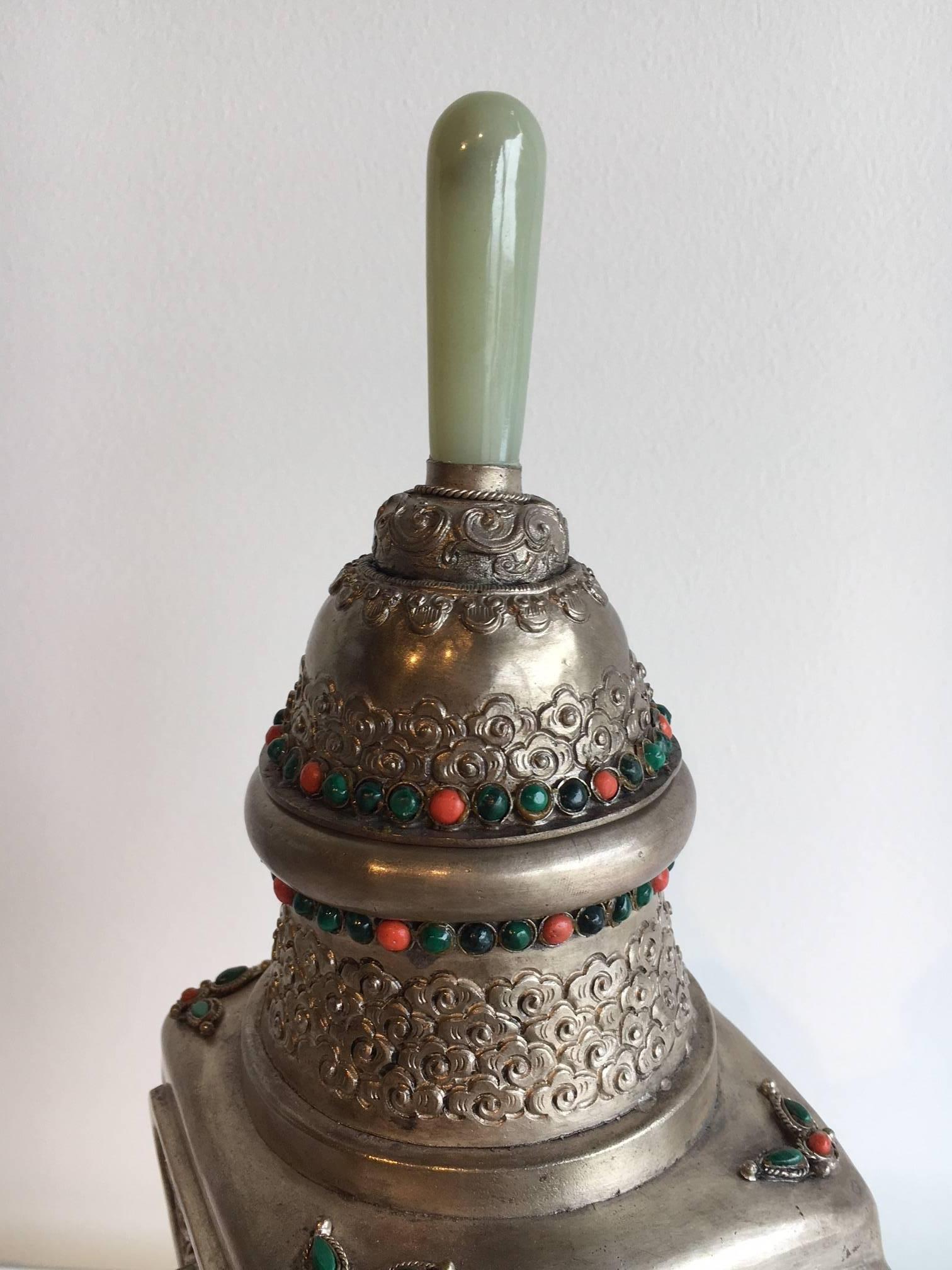 20th Century Silver Teapot with Semi Precious Stones and Jade Finial For Sale