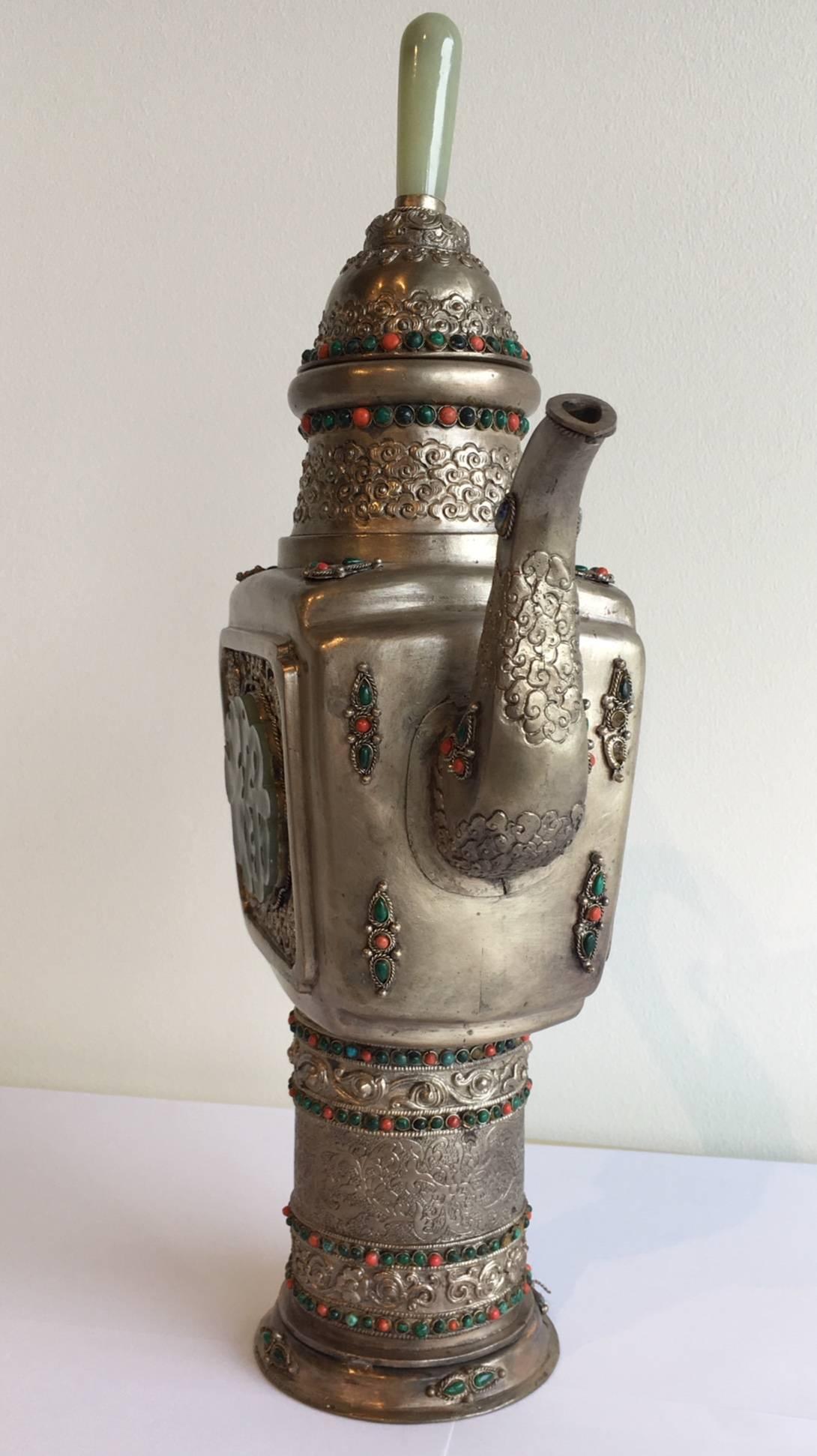 Carved Silver Teapot with Semi Precious Stones and Jade Finial For Sale