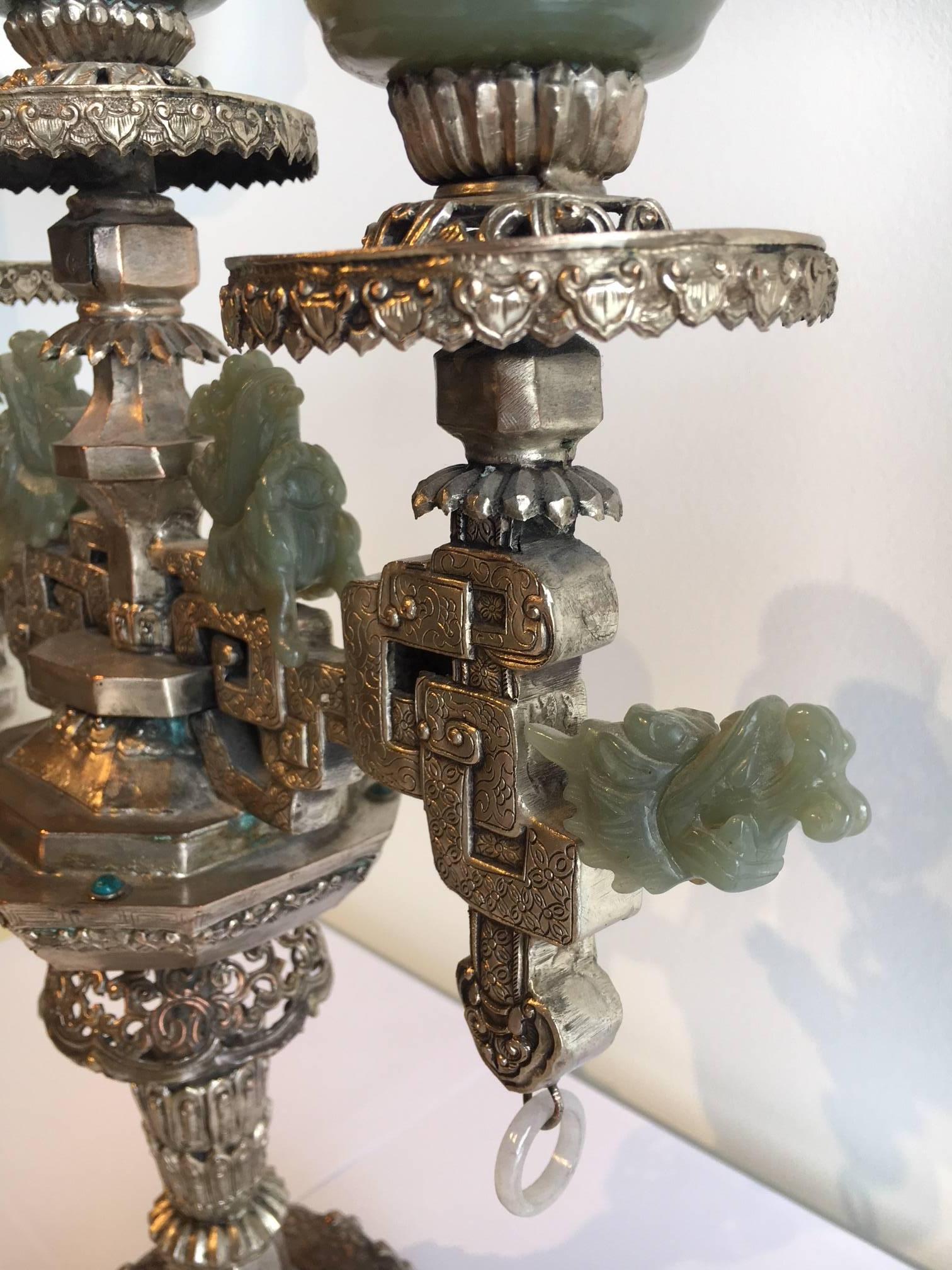 20th Century Mongolian Style Silver Candelabra with Bowenite Accents For Sale