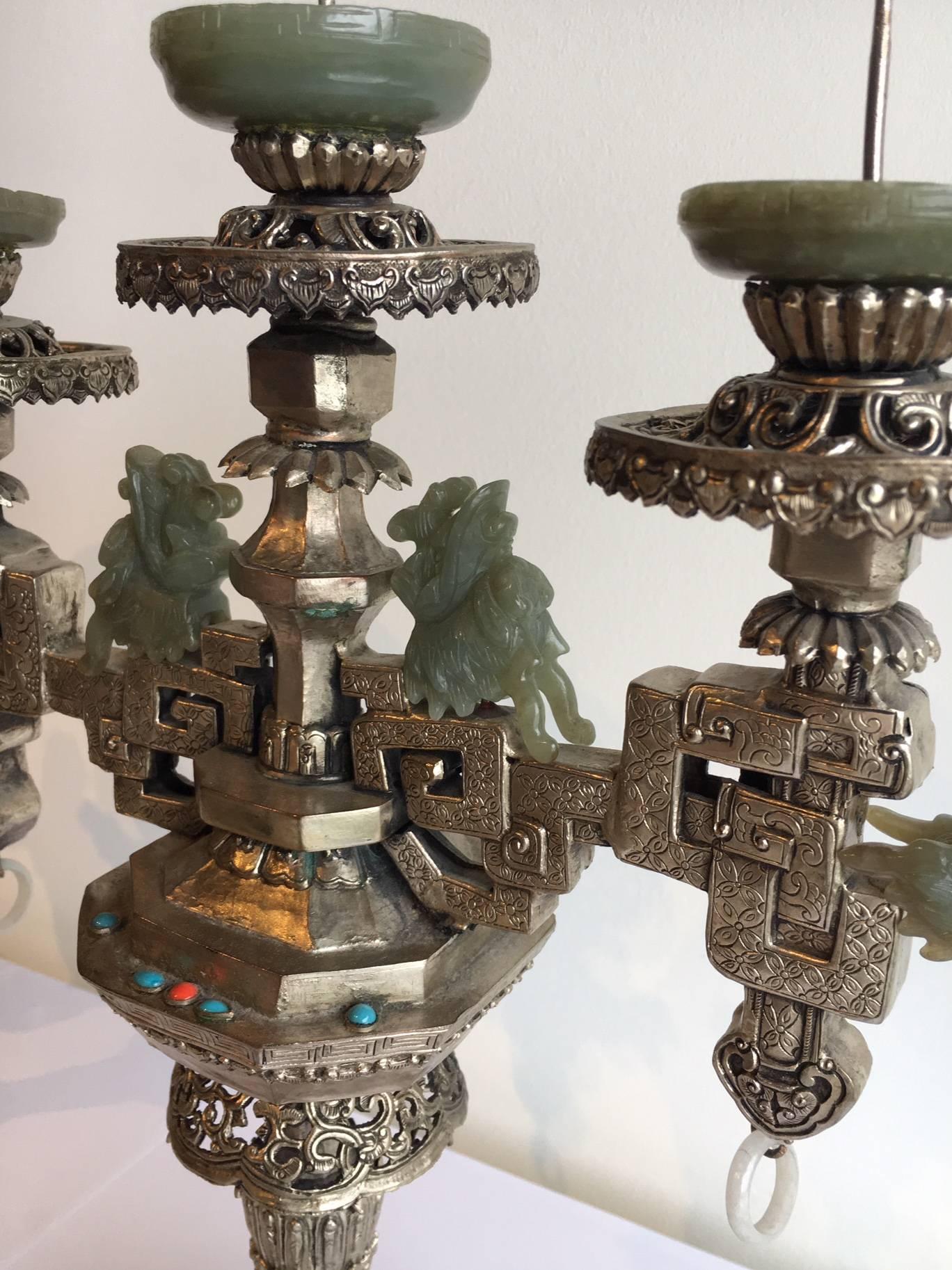 Inlay Mongolian Style Silver Candelabra with Bowenite Accents For Sale