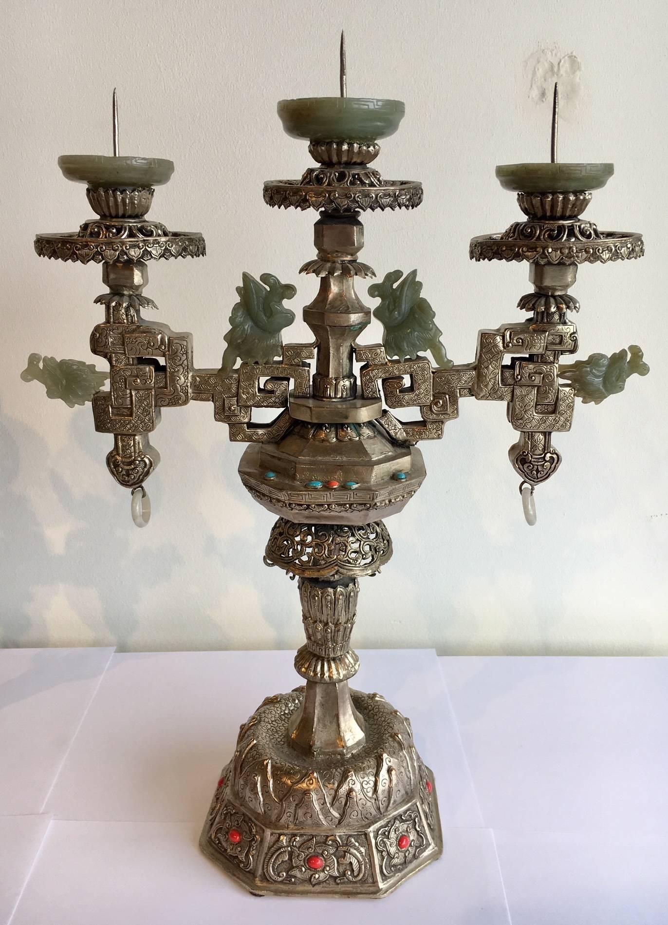 Mongolian Style Silver Candelabra with Bowenite Accents In Excellent Condition For Sale In Dallas, TX