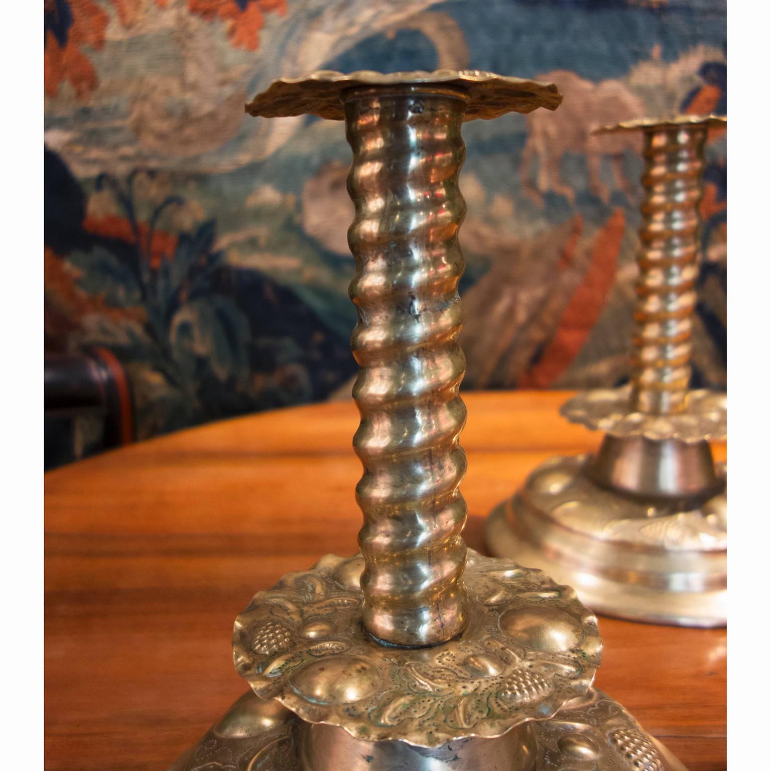 Pair of 18th Century Scandinavian Punched Brass Altar Candlesticks In Excellent Condition For Sale In New York, NY