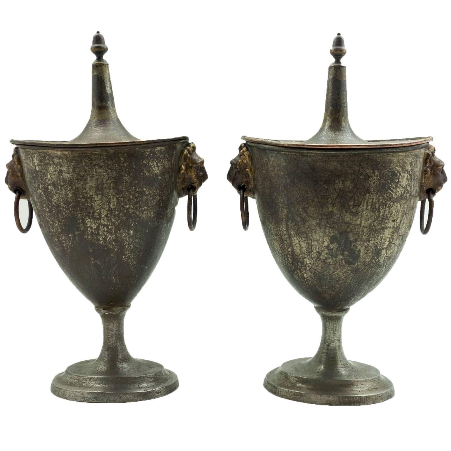 Pair of Regency Tole and Pewter Chestnut Urns with Covers For Sale