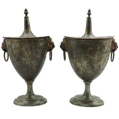 Pair of Regency Tole and Pewter Chestnut Urns with Covers