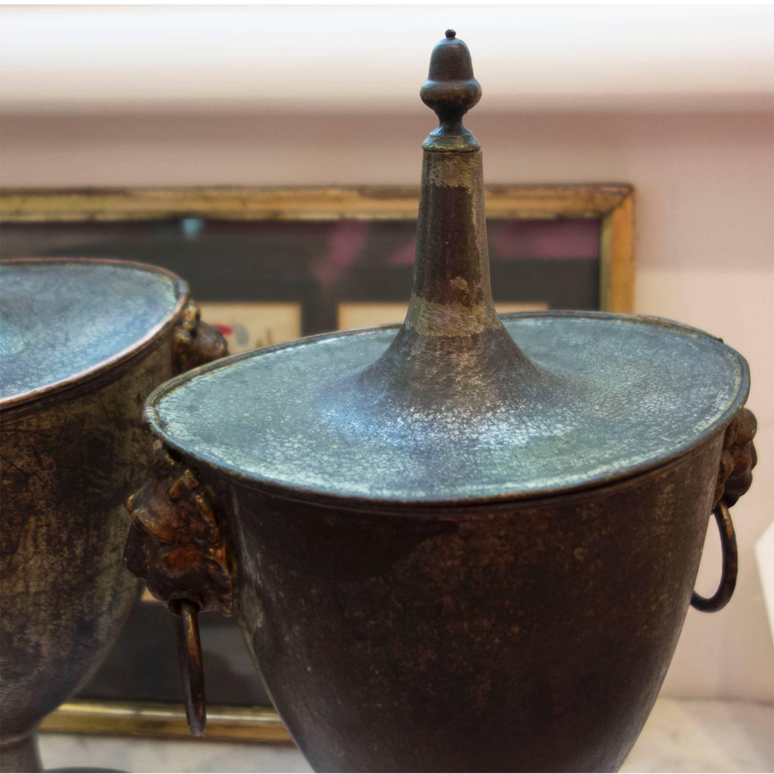 19th Century Pair of Regency Tole and Pewter Chestnut Urns with Covers For Sale