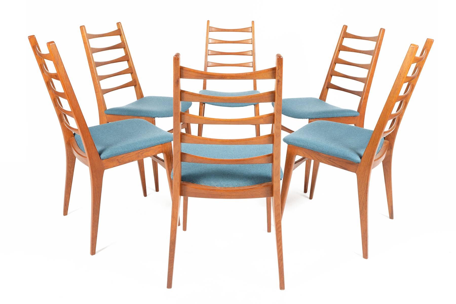 Scandinavian Modern Set of Six Teak Kofoed Style Ladder Back Dining Chairs