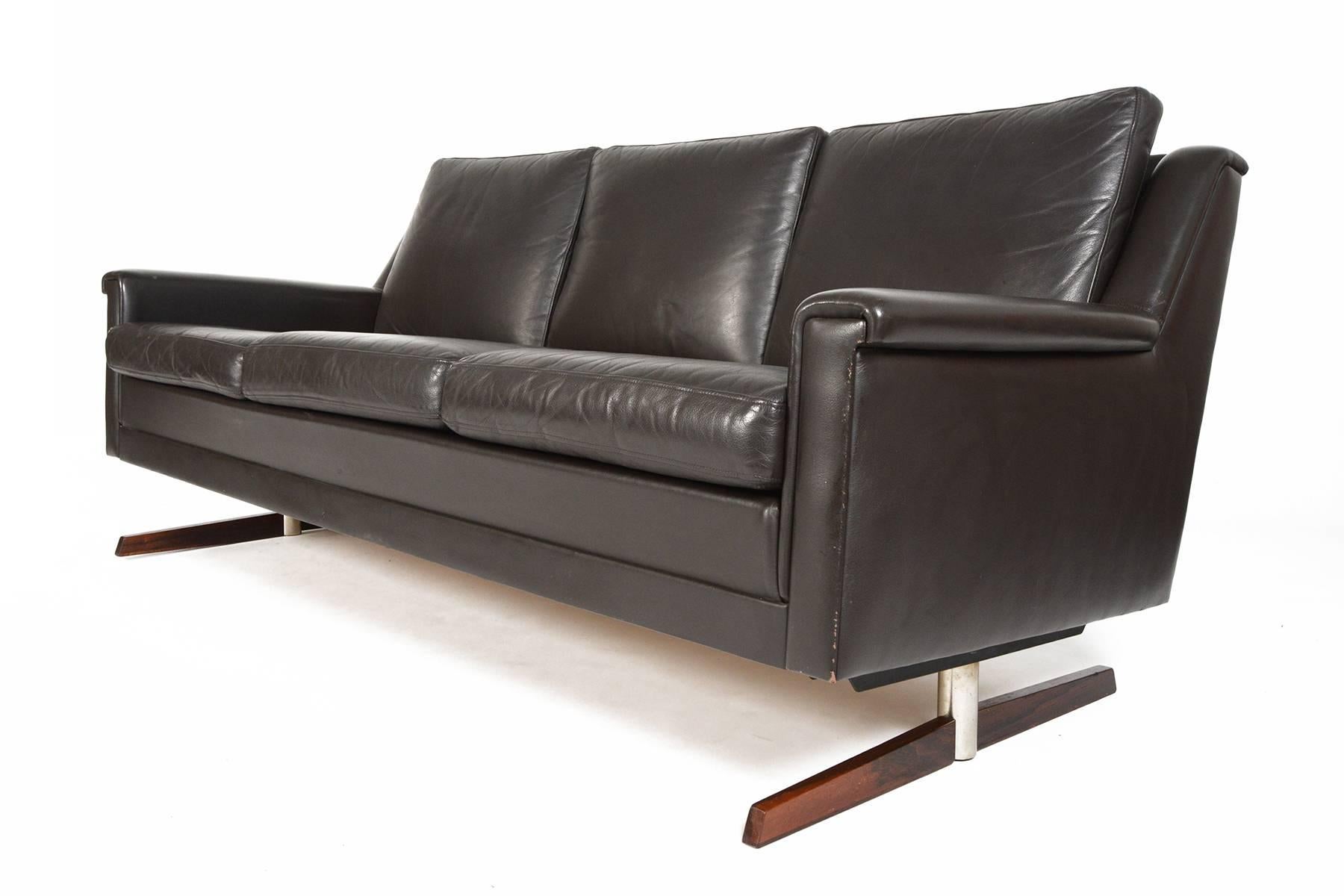 Danish Three-Seat Rosewood and Leather Sofa