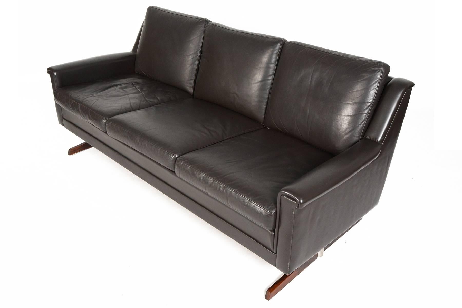 Mid-Century Modern Three-Seat Rosewood and Leather Sofa