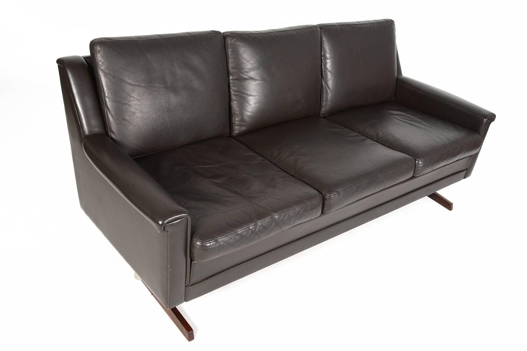 20th Century Three-Seat Rosewood and Leather Sofa