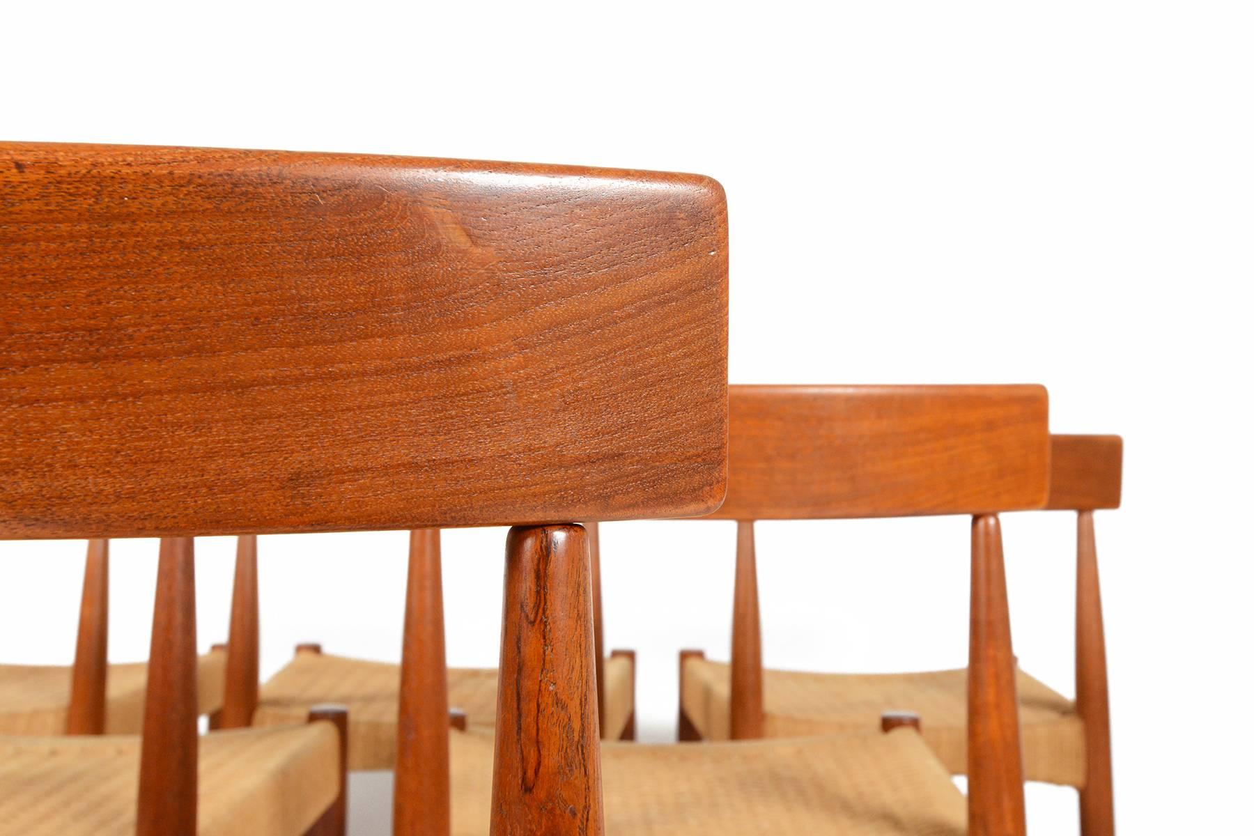 Mid-20th Century Set of Six Arne Hovmand Olsen for Mogens, Kold Teak and Paper Cord Dining Chairs