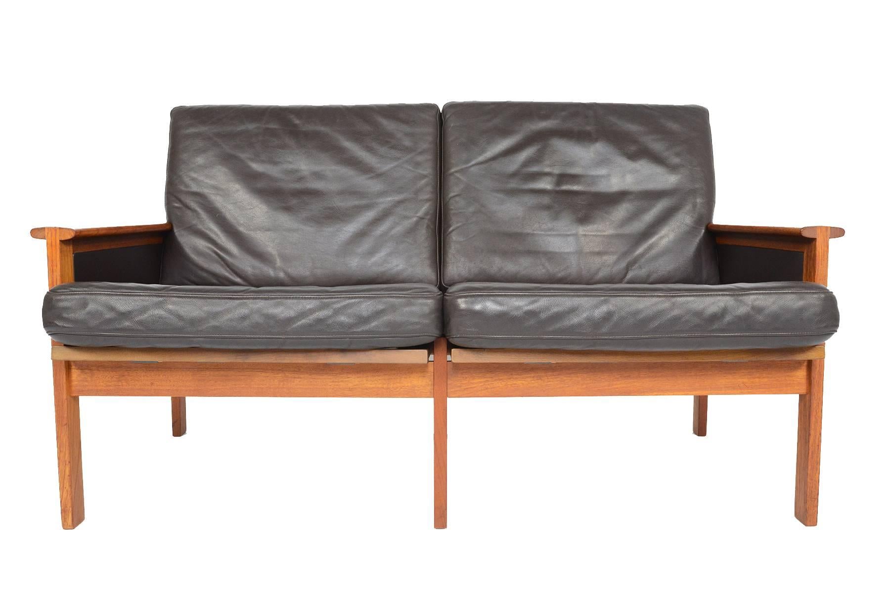 Danish Illum Wikkelsø Capella Model Loveseat in Teak + Leather