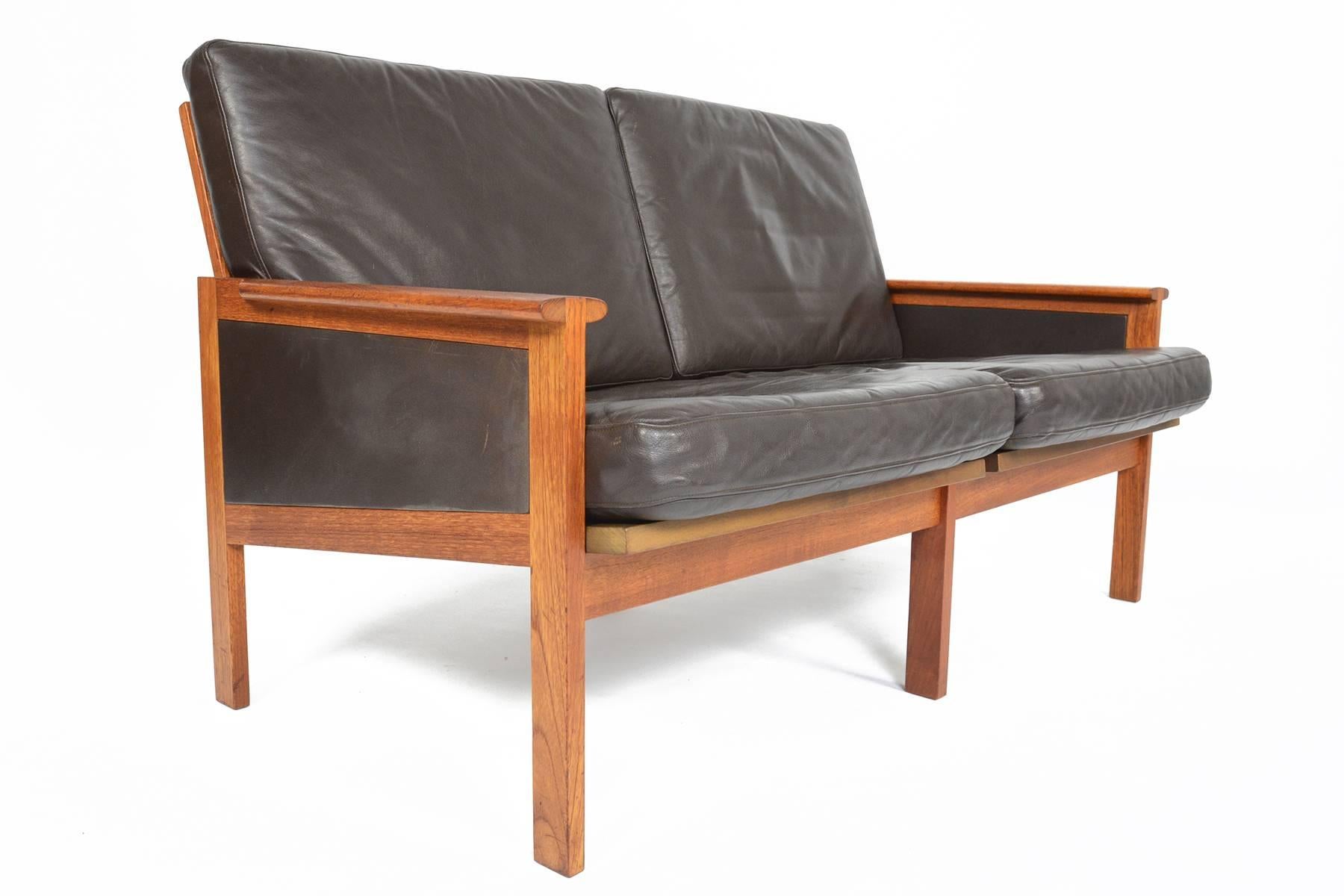 Scandinavian Modern Illum Wikkelsø Capella Model Loveseat in Teak + Leather