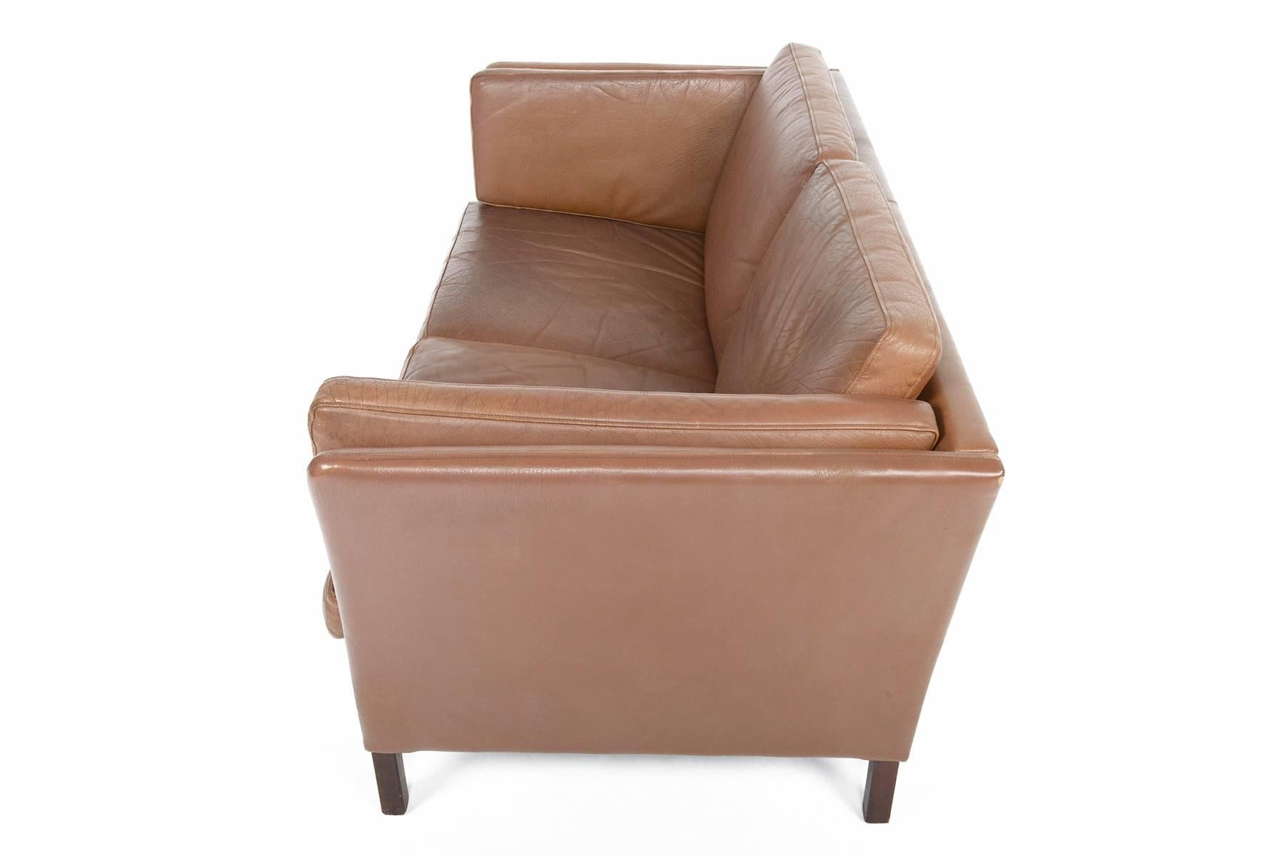 Scandinavian Modern Stouby Brown Leather Loveseat Sofa