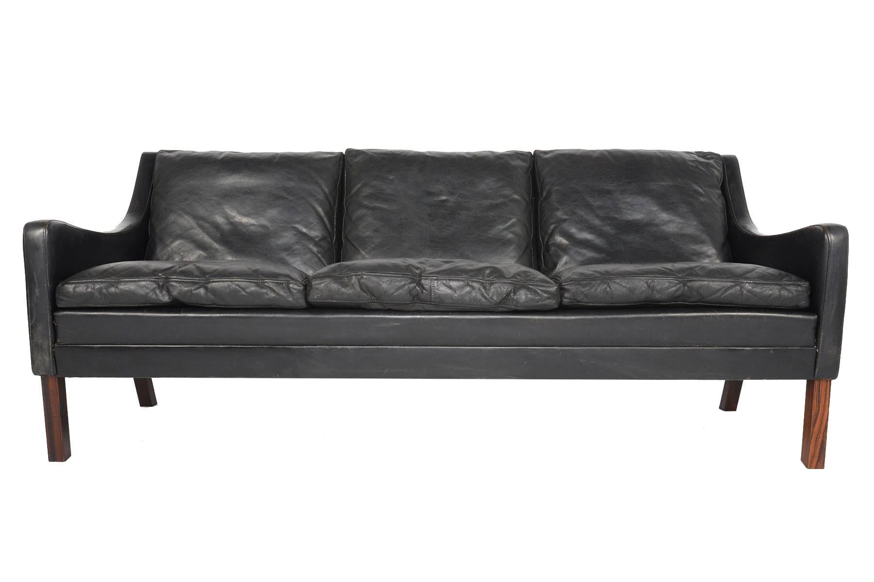 Scandinavian Modern Danish Modern Black Leather and Rosewood Sofa