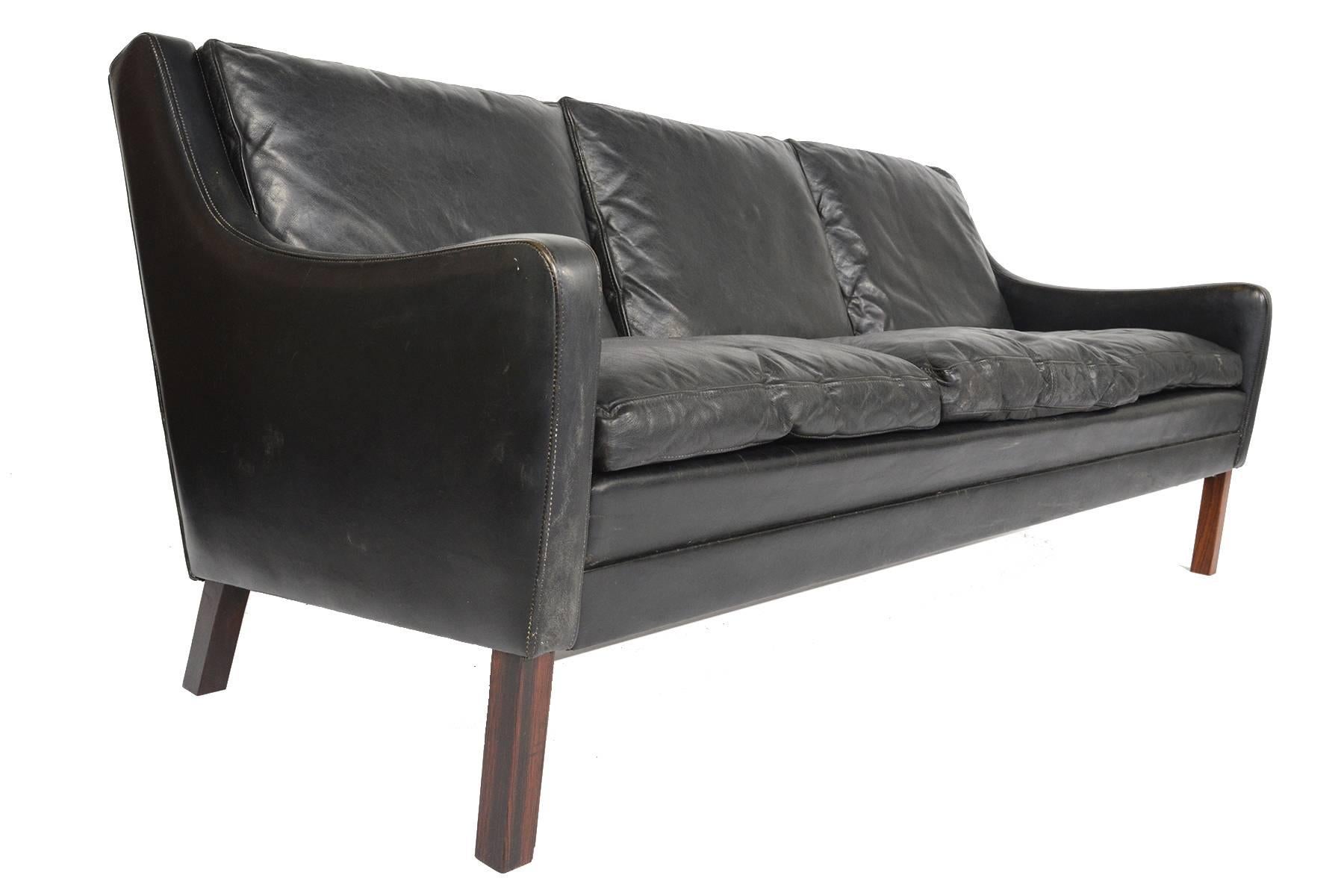 Danish Modern Black Leather and Rosewood Sofa 2