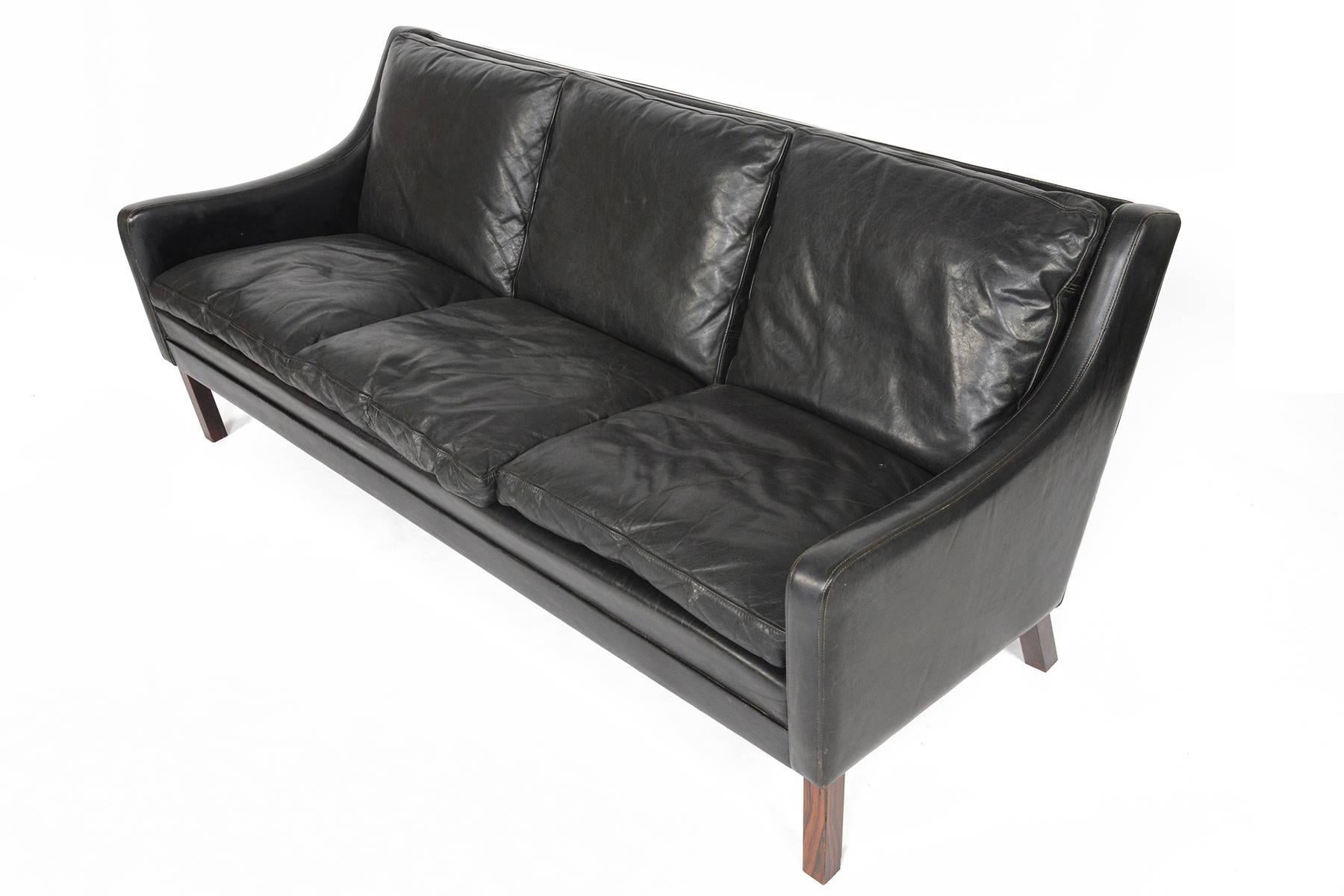 Mid-20th Century Danish Modern Black Leather and Rosewood Sofa