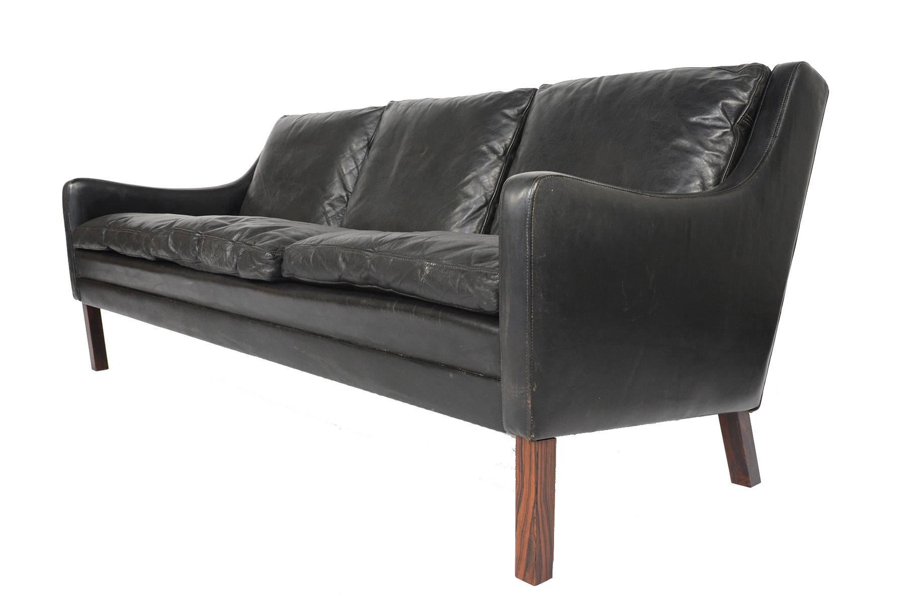 Danish Modern Black Leather and Rosewood Sofa 1