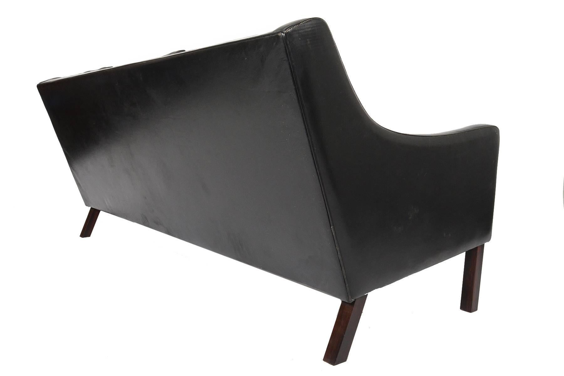 Danish Modern Black Leather and Rosewood Sofa 4