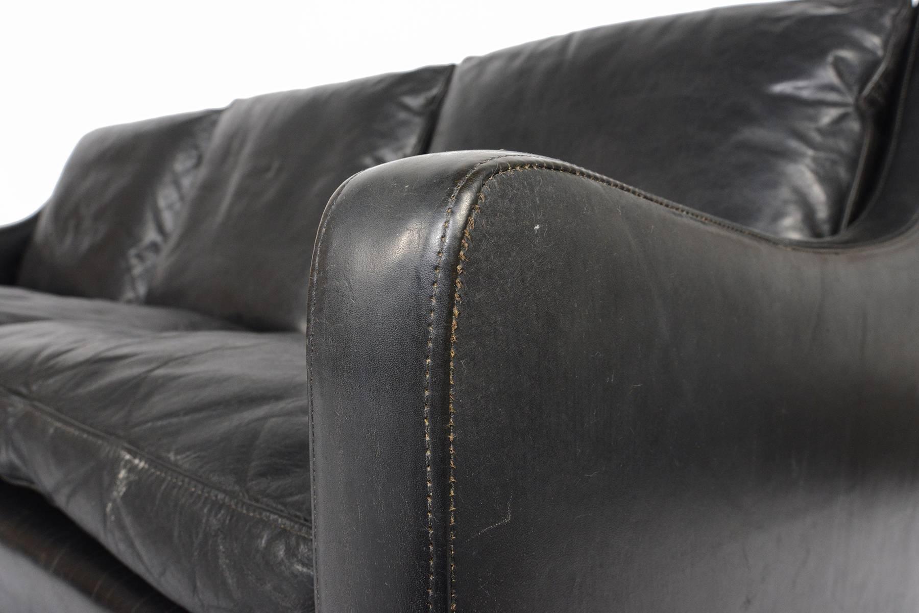Danish Modern Black Leather and Rosewood Sofa 3