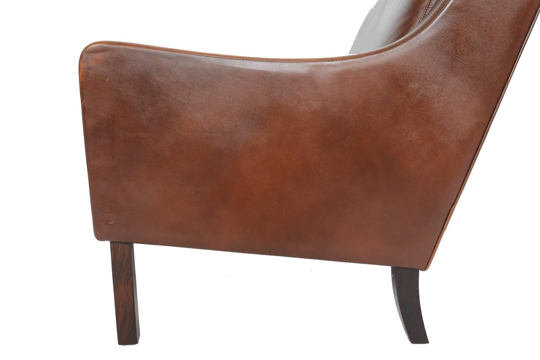 Møgensen Style High Back Leather Lounge Chair In Excellent Condition In Berkeley, CA