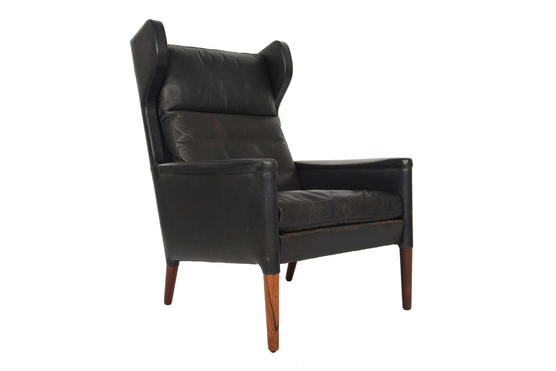 Scandinavian Modern Kurt Ostervig Model 55 Black Leather Lounge Chair and Ottoman