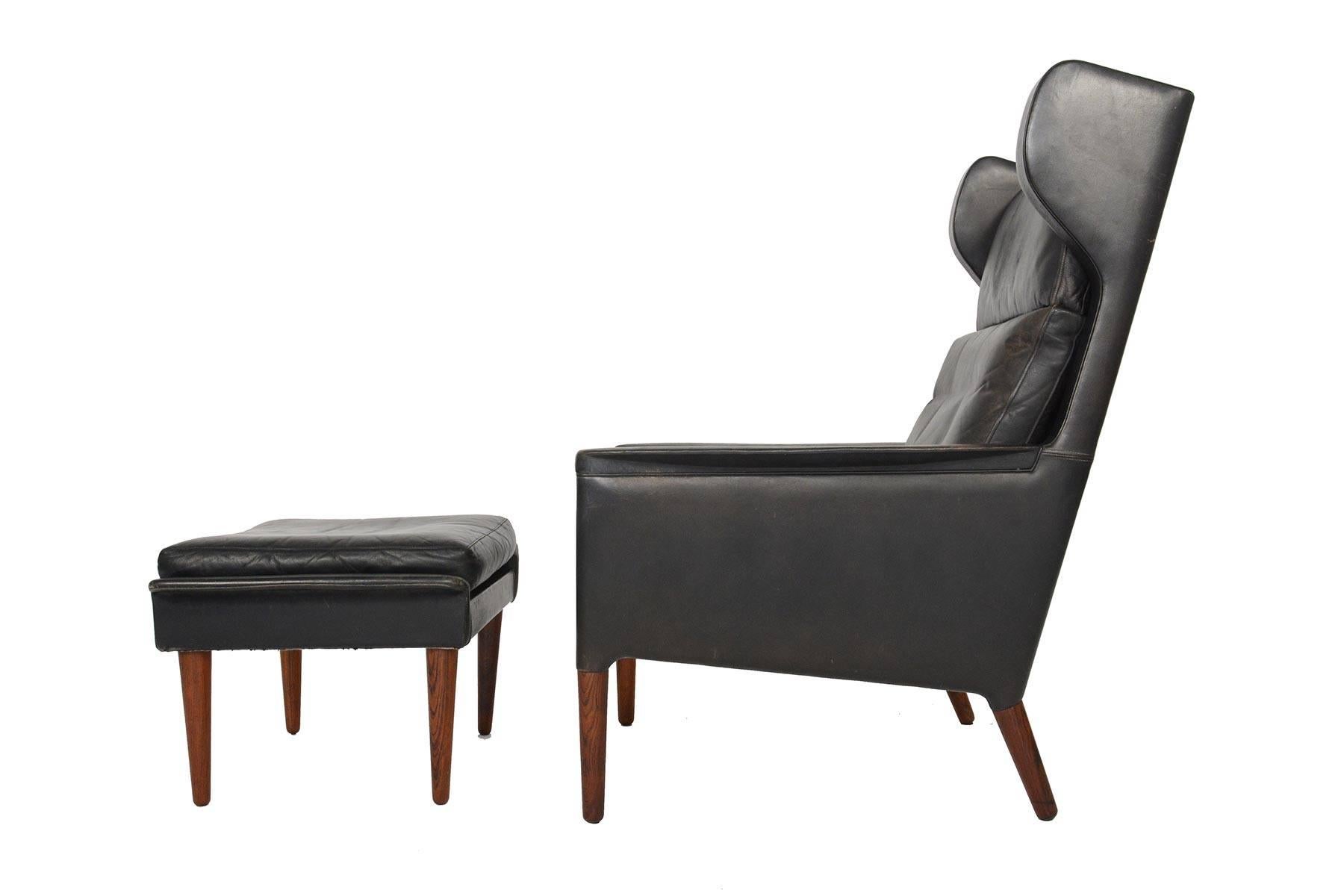 Mid-20th Century Kurt Ostervig Model 55 Black Leather Lounge Chair and Ottoman