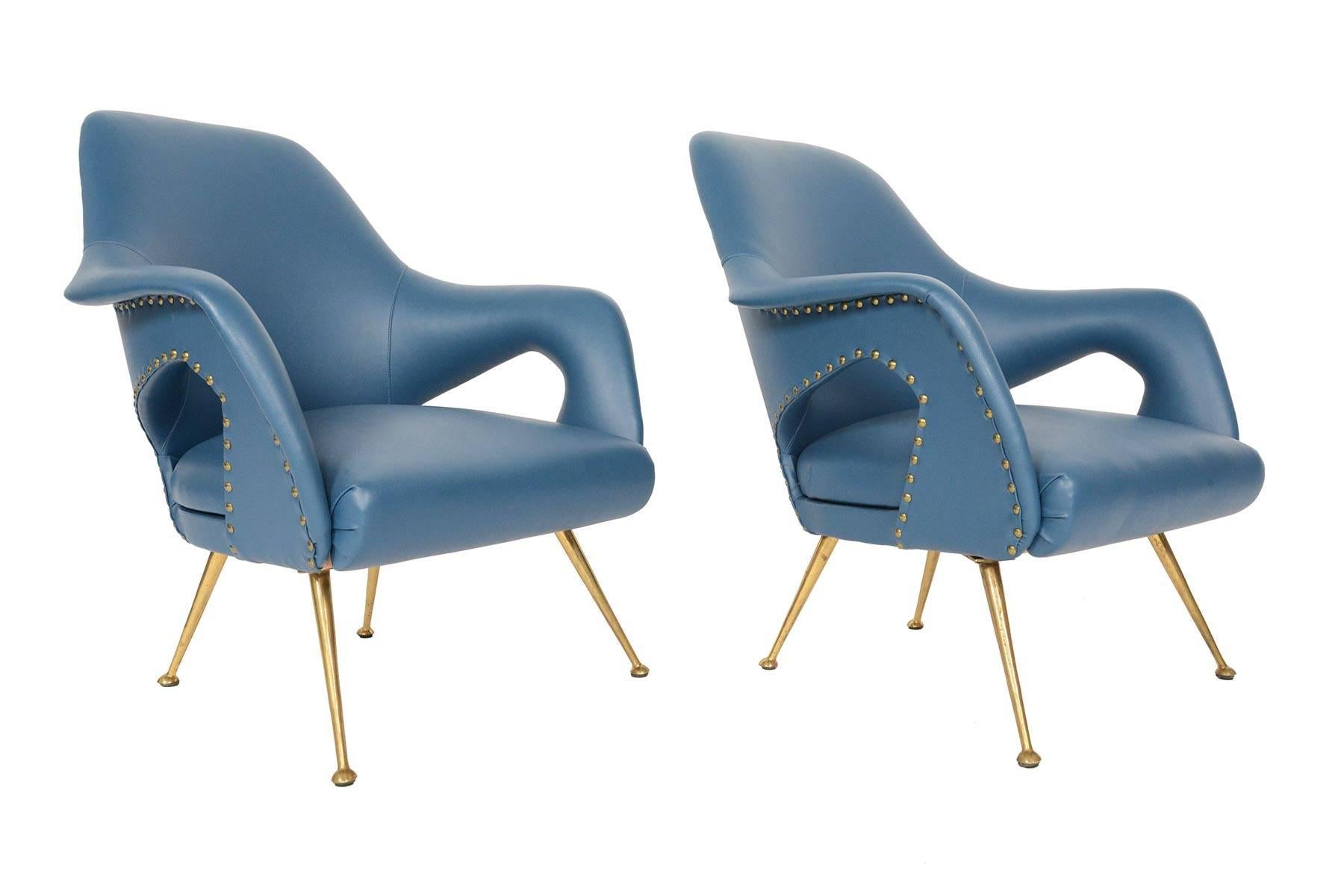 Mid-Century Modern Pair of Italian Modern Lounge Chairs in Blue Vinyl