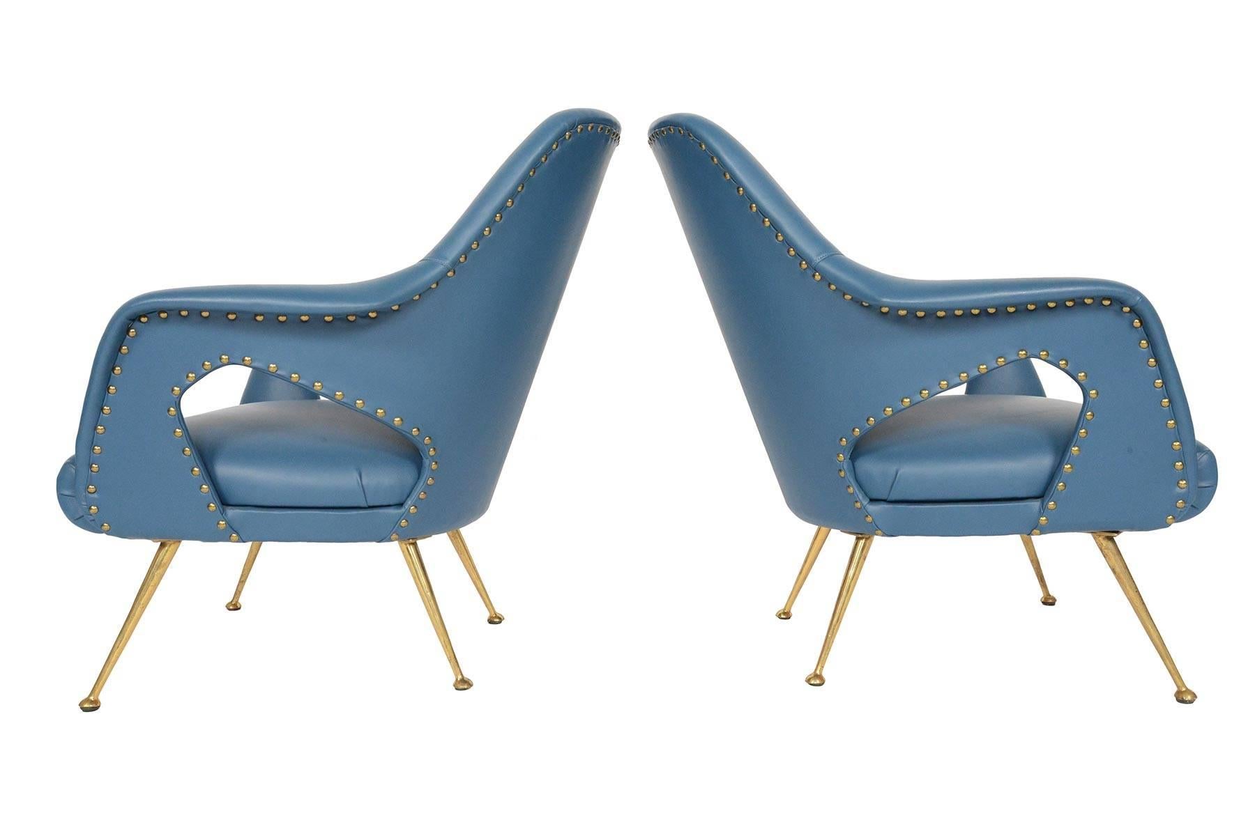 Pair of Italian Modern Lounge Chairs in Blue Vinyl In Excellent Condition In Berkeley, CA