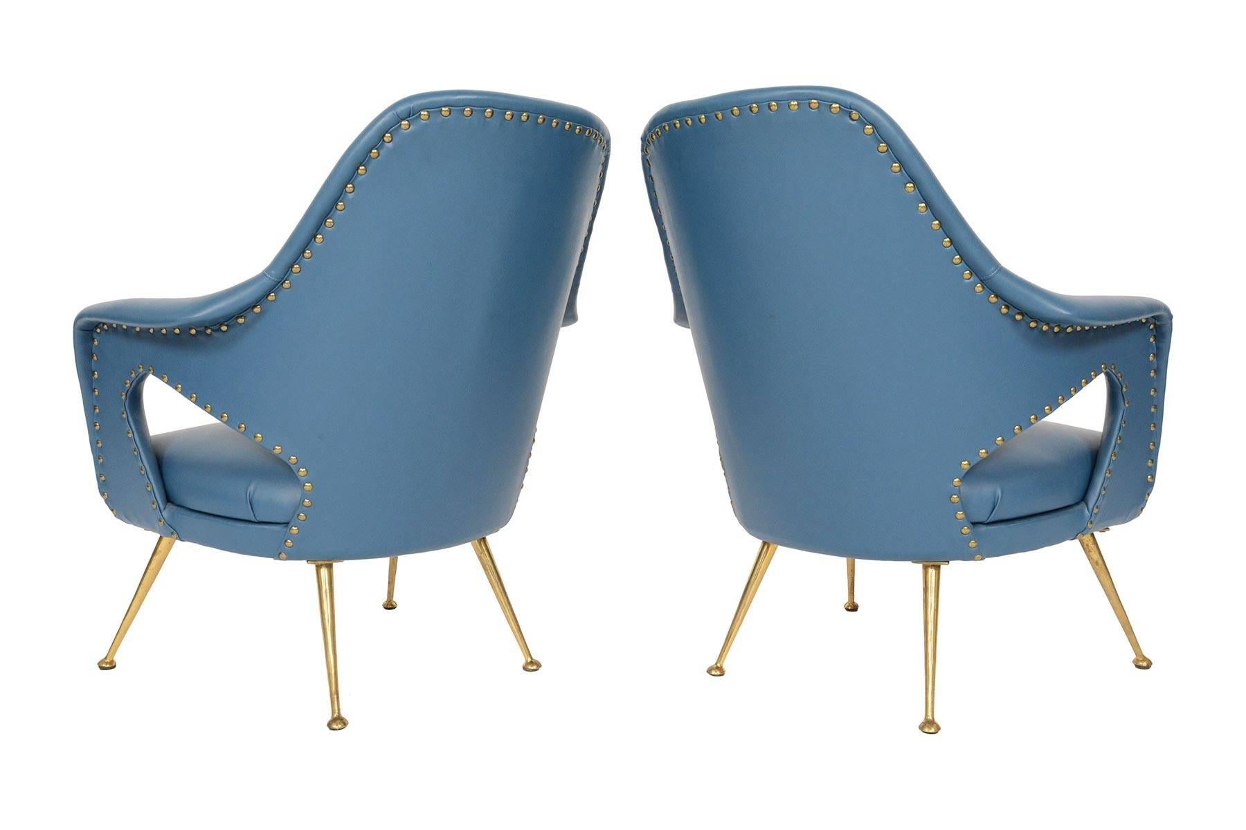 20th Century Pair of Italian Modern Lounge Chairs in Blue Vinyl