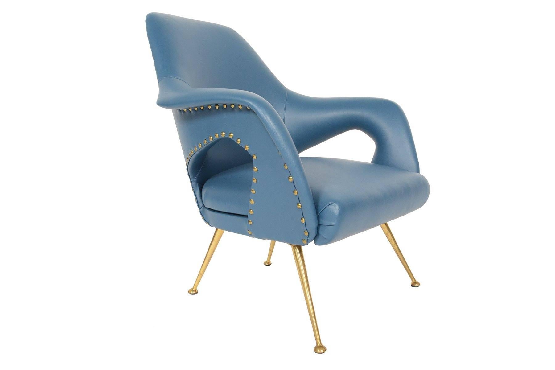 Brass Pair of Italian Modern Lounge Chairs in Blue Vinyl
