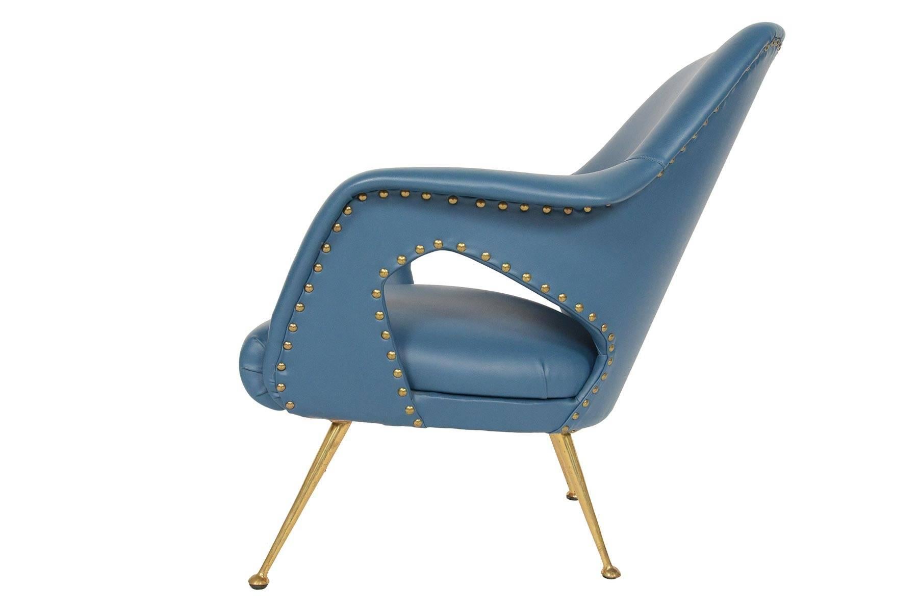 Pair of Italian Modern Lounge Chairs in Blue Vinyl 1