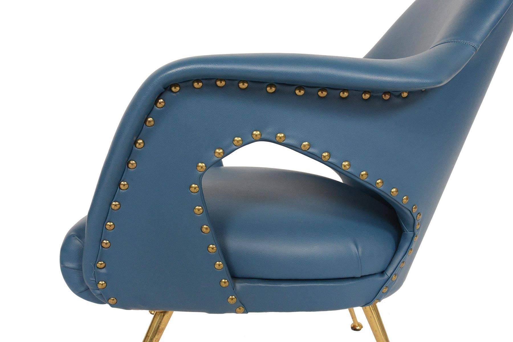 Pair of Italian Modern Lounge Chairs in Blue Vinyl 2
