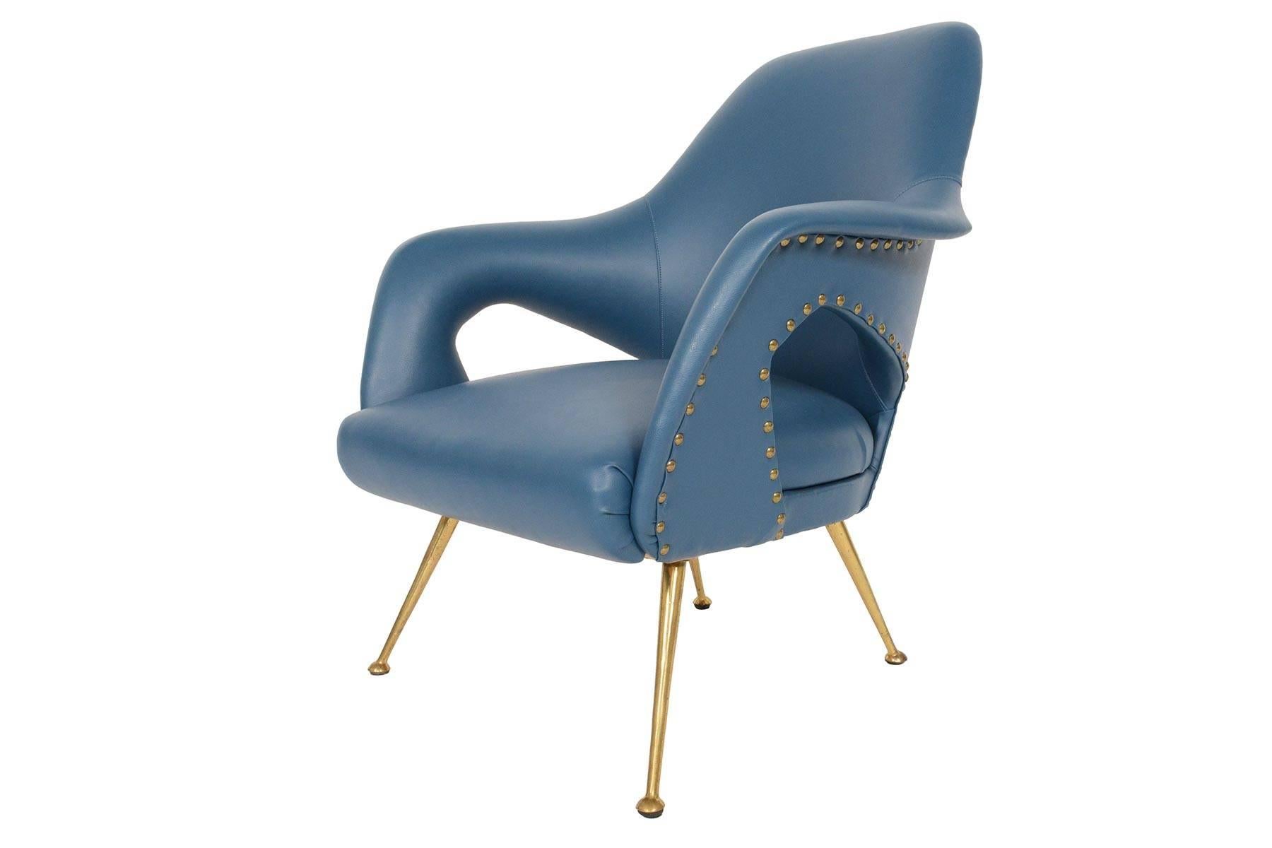 Pair of Italian Modern Lounge Chairs in Blue Vinyl 3