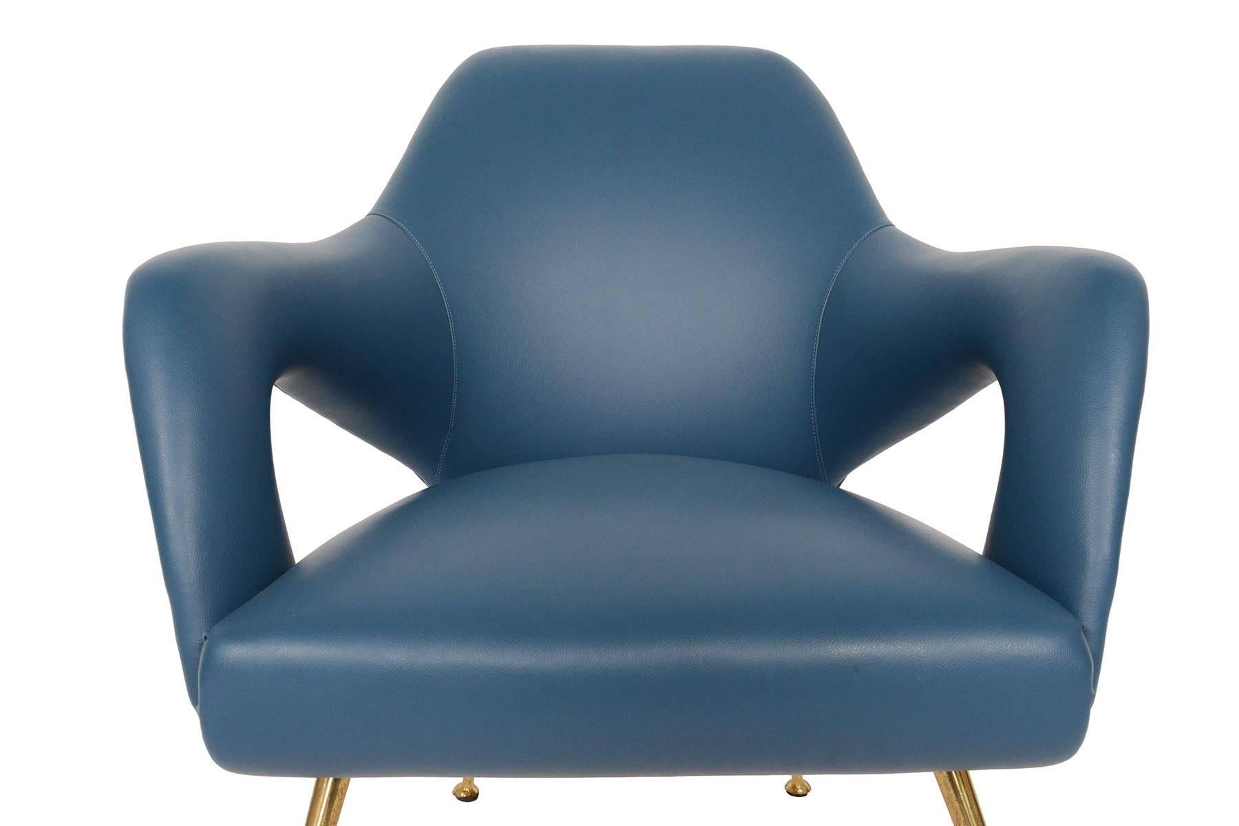 Pair of Italian Modern Lounge Chairs in Blue Vinyl 4