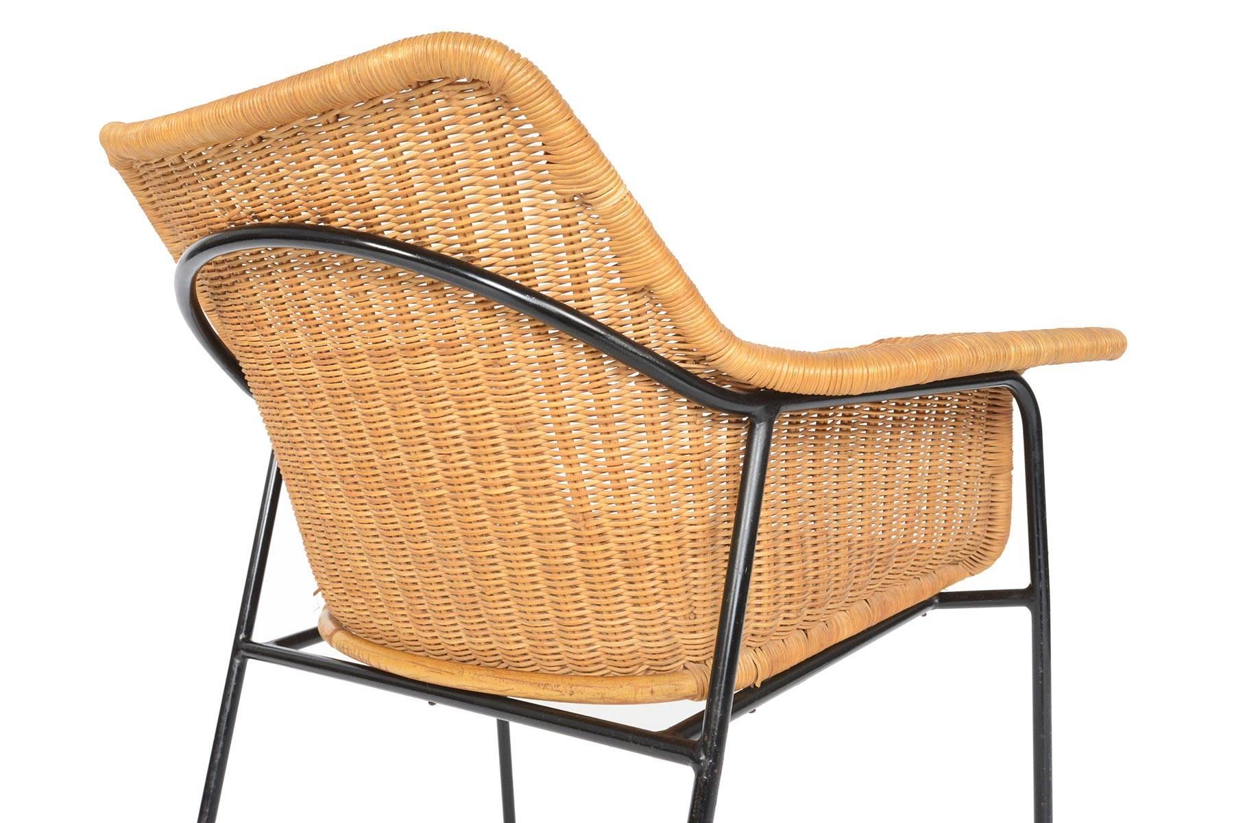 20th Century Danish Modern Wicker and Iron Lounge Chair